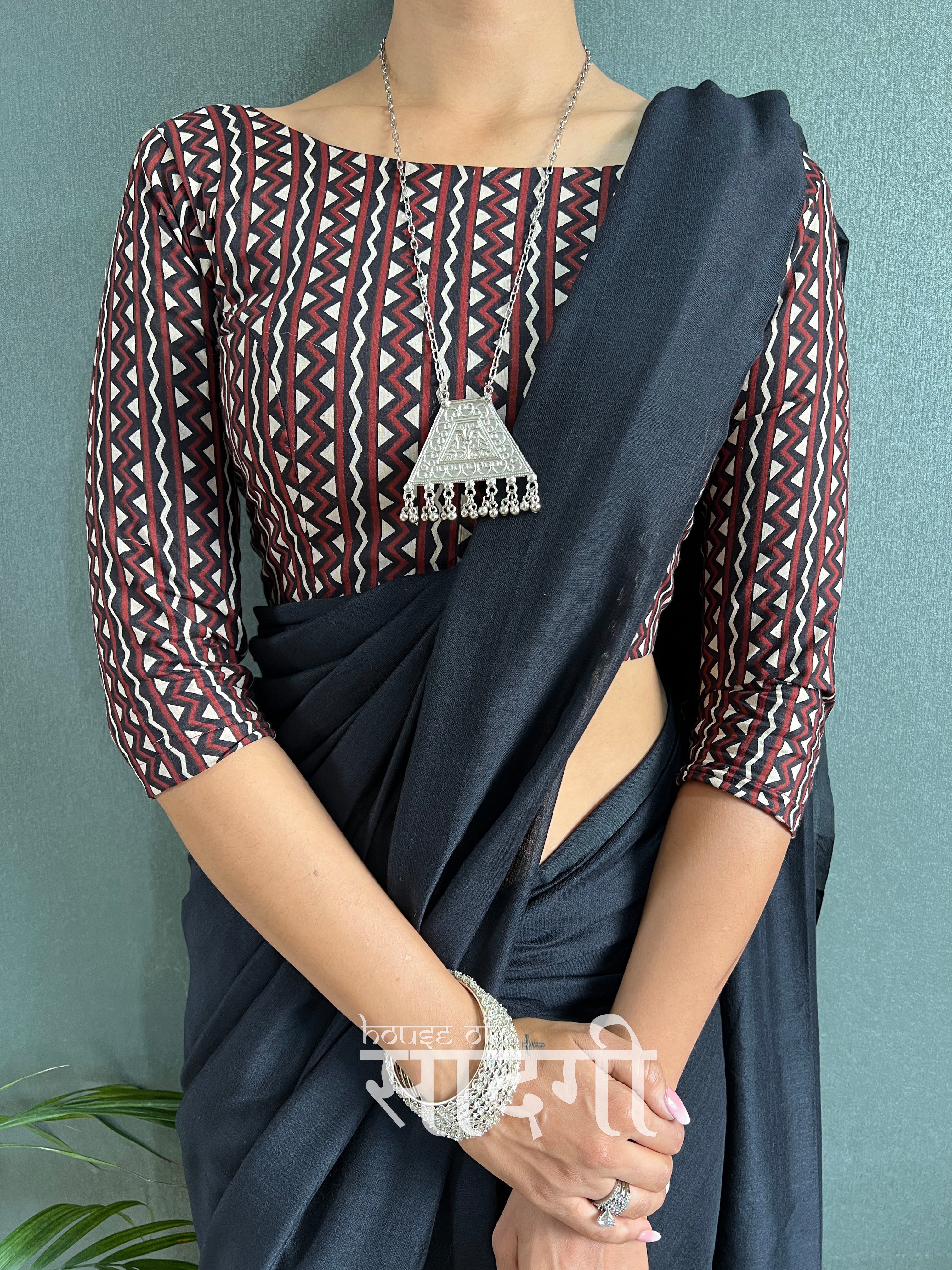 Black Handloom Cotton Saree With Black Triangle Printed Blouse