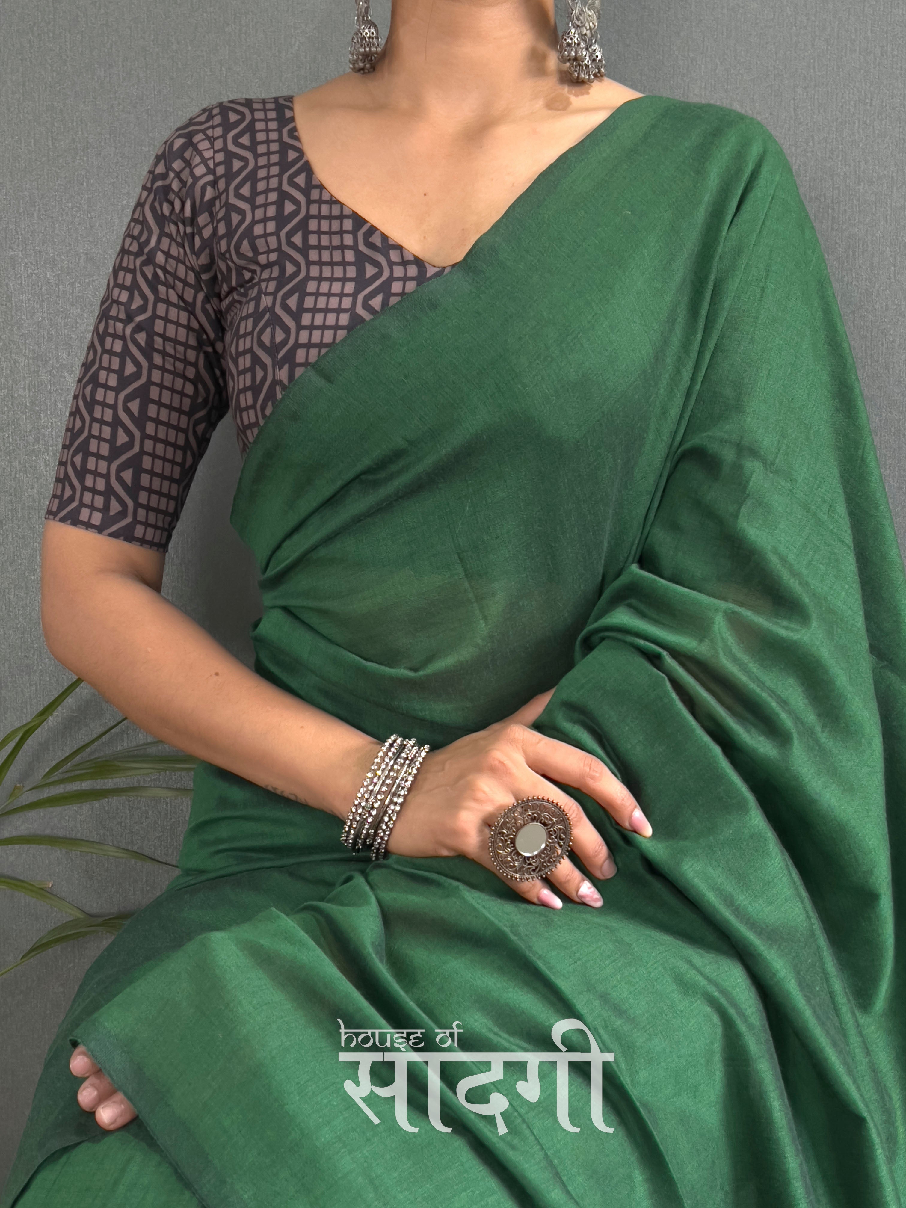 Green Handloom Cotton Saree With Black  Printed Blouse