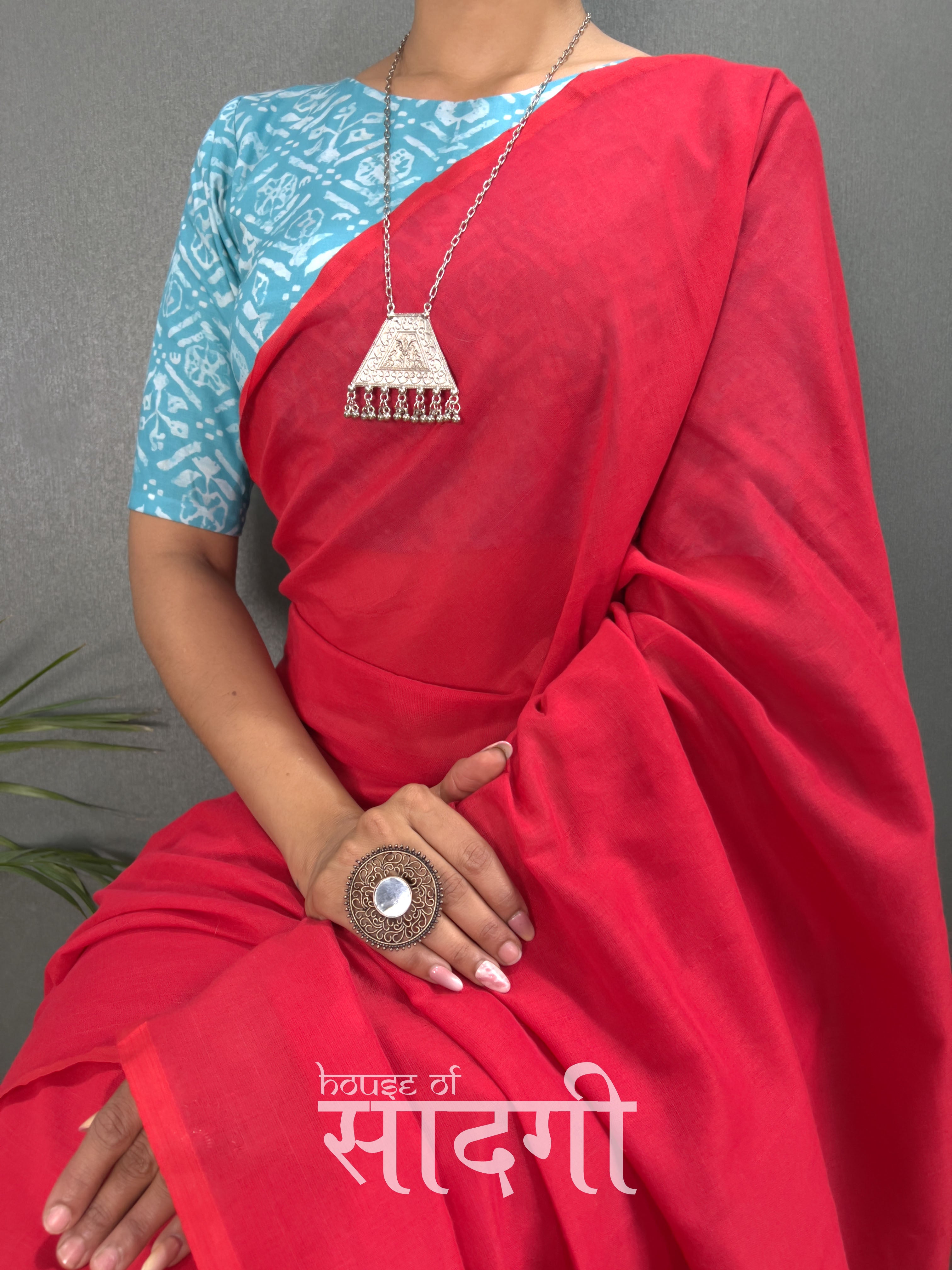 Red Handloom Cotton Saree With Sky Printed Blouse