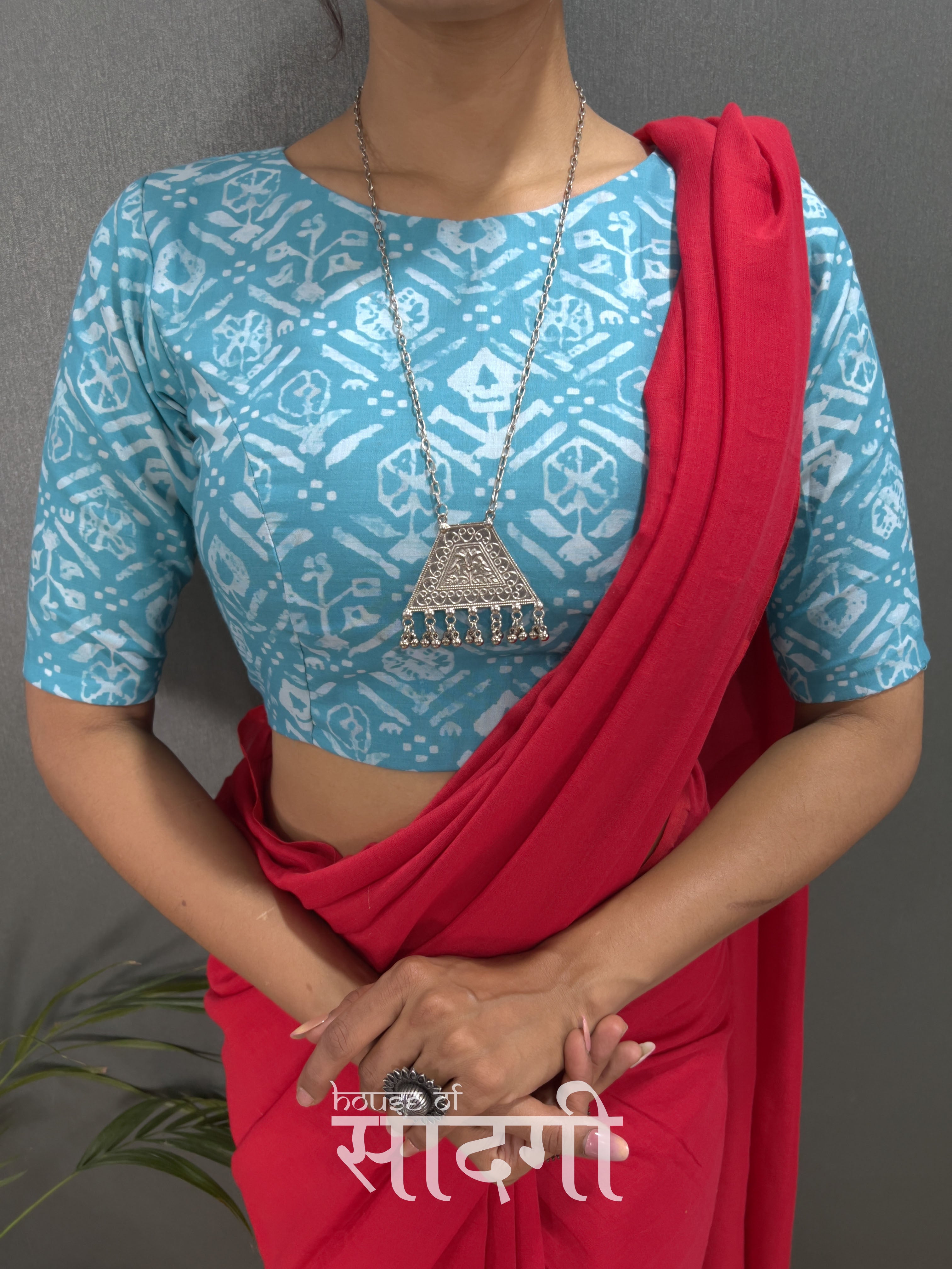 Red Handloom Cotton Saree With Sky Printed Blouse