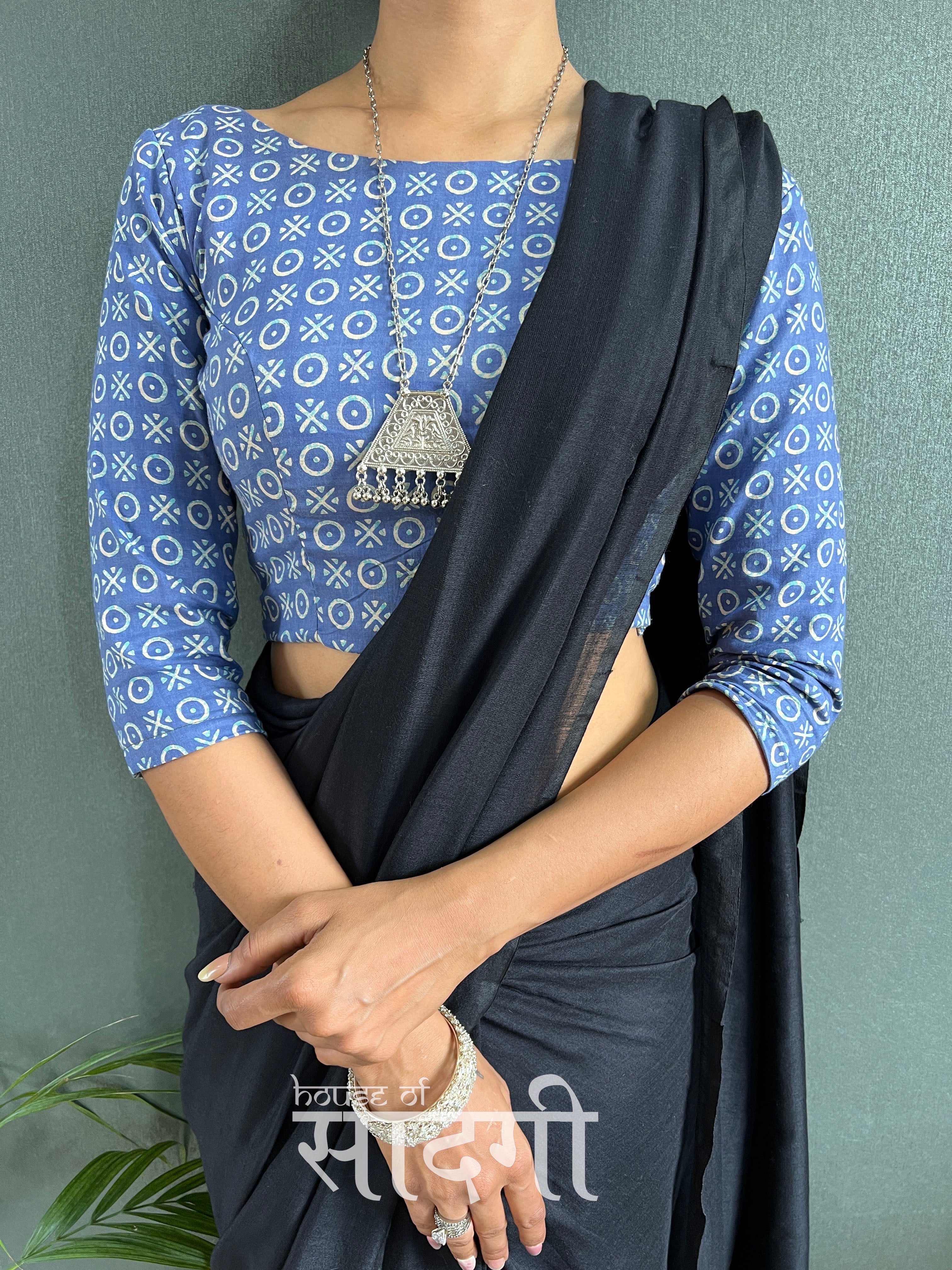 Black Handloom Cotton Saree With Blue Printed Blouse