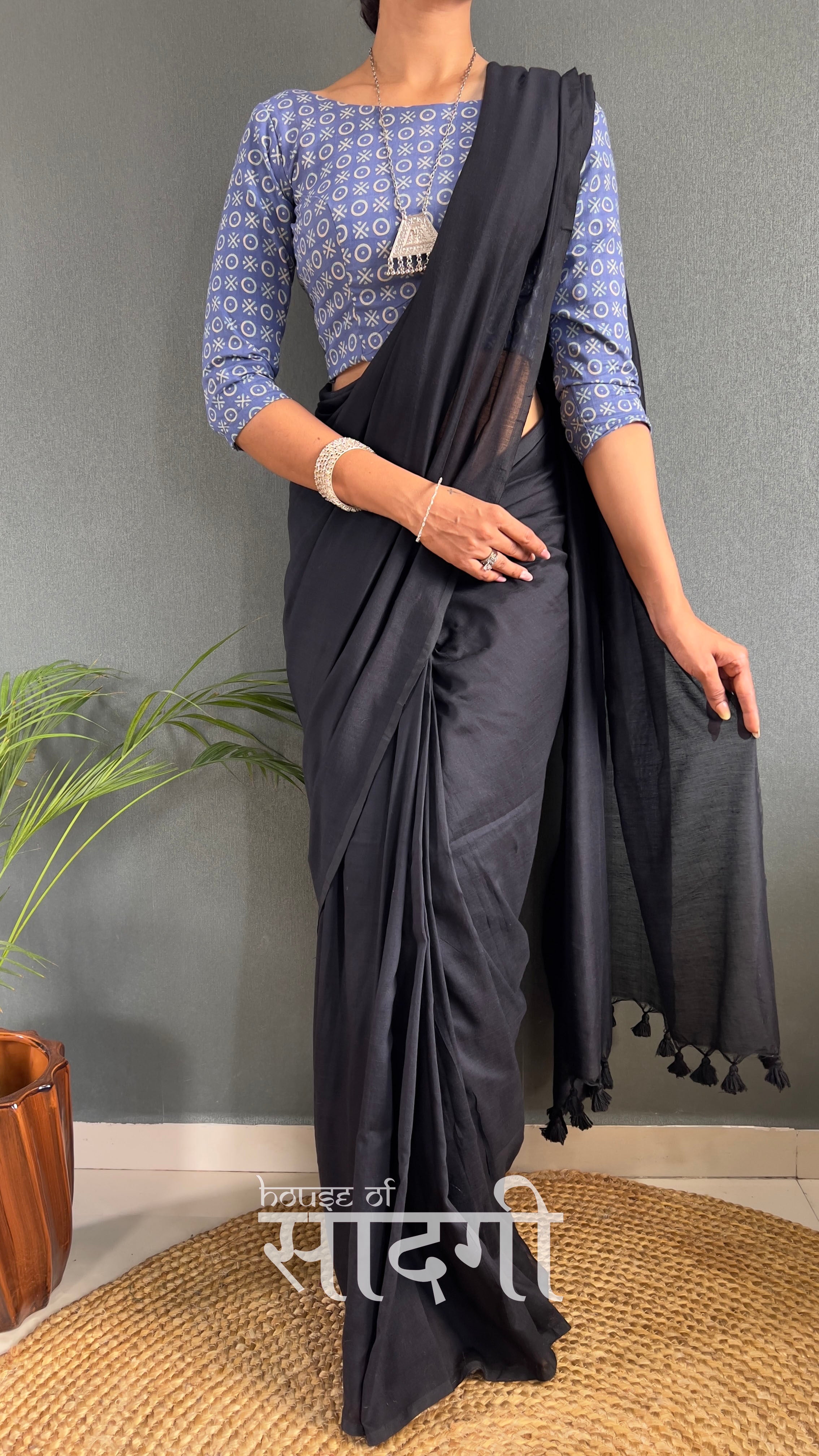 Black Handloom Cotton Saree With Blue Printed Blouse