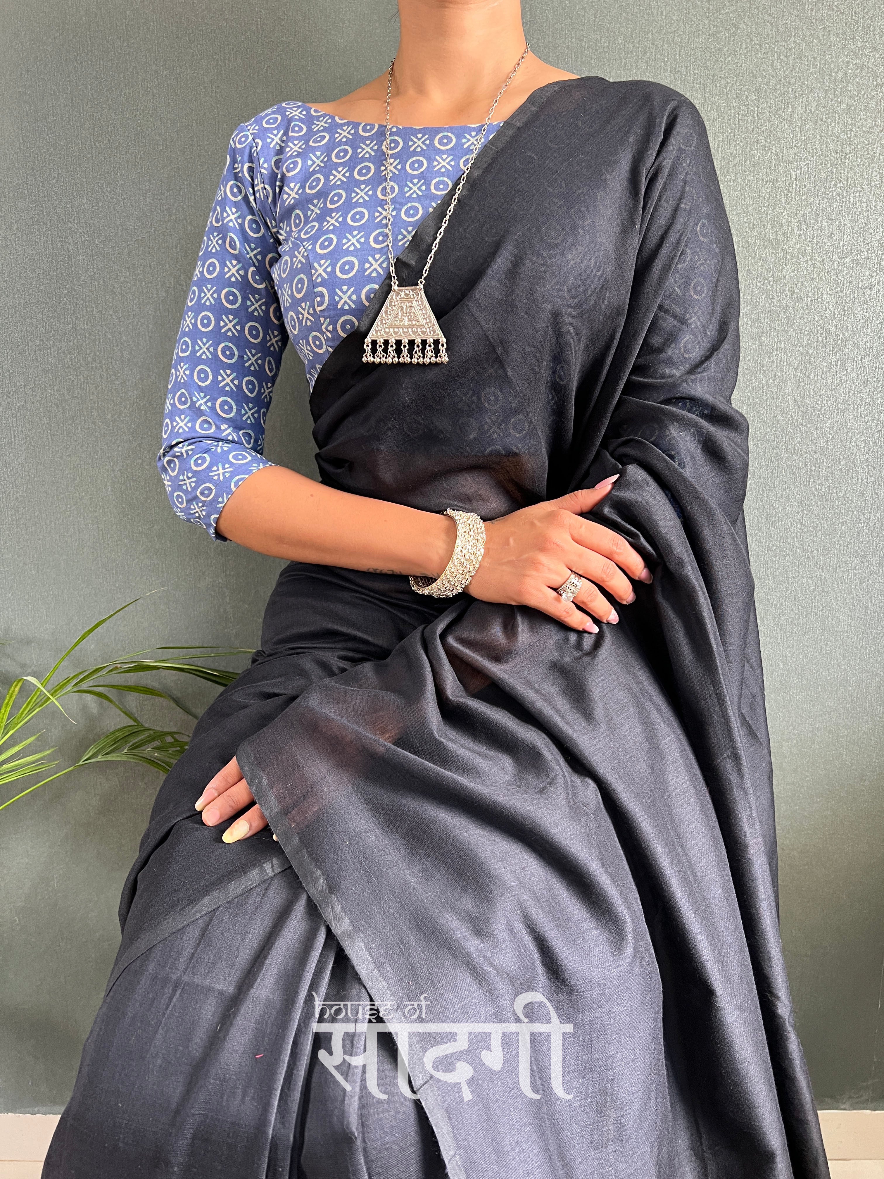 Black Handloom Cotton Saree With Blue Printed Blouse