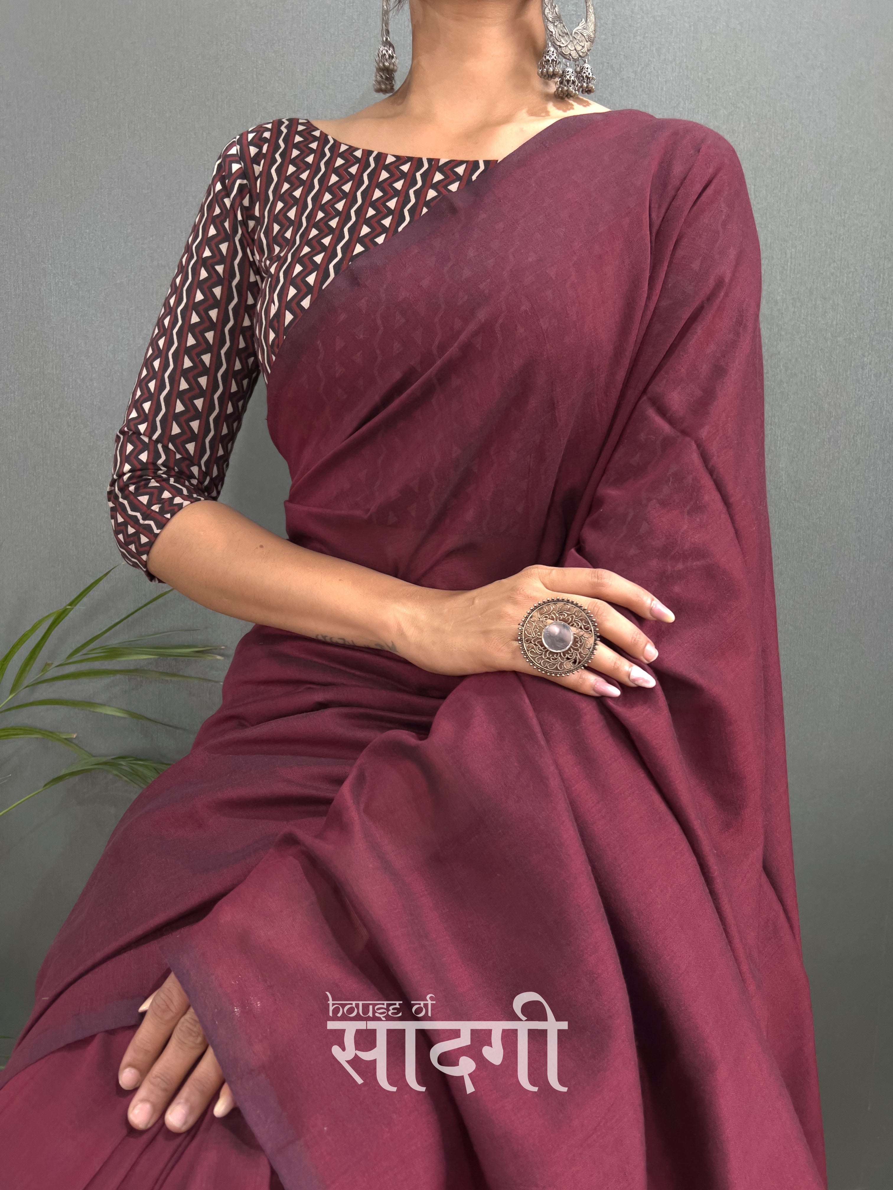 Dark Maroon Handloom Cotton Saree With Black Printed Blouse