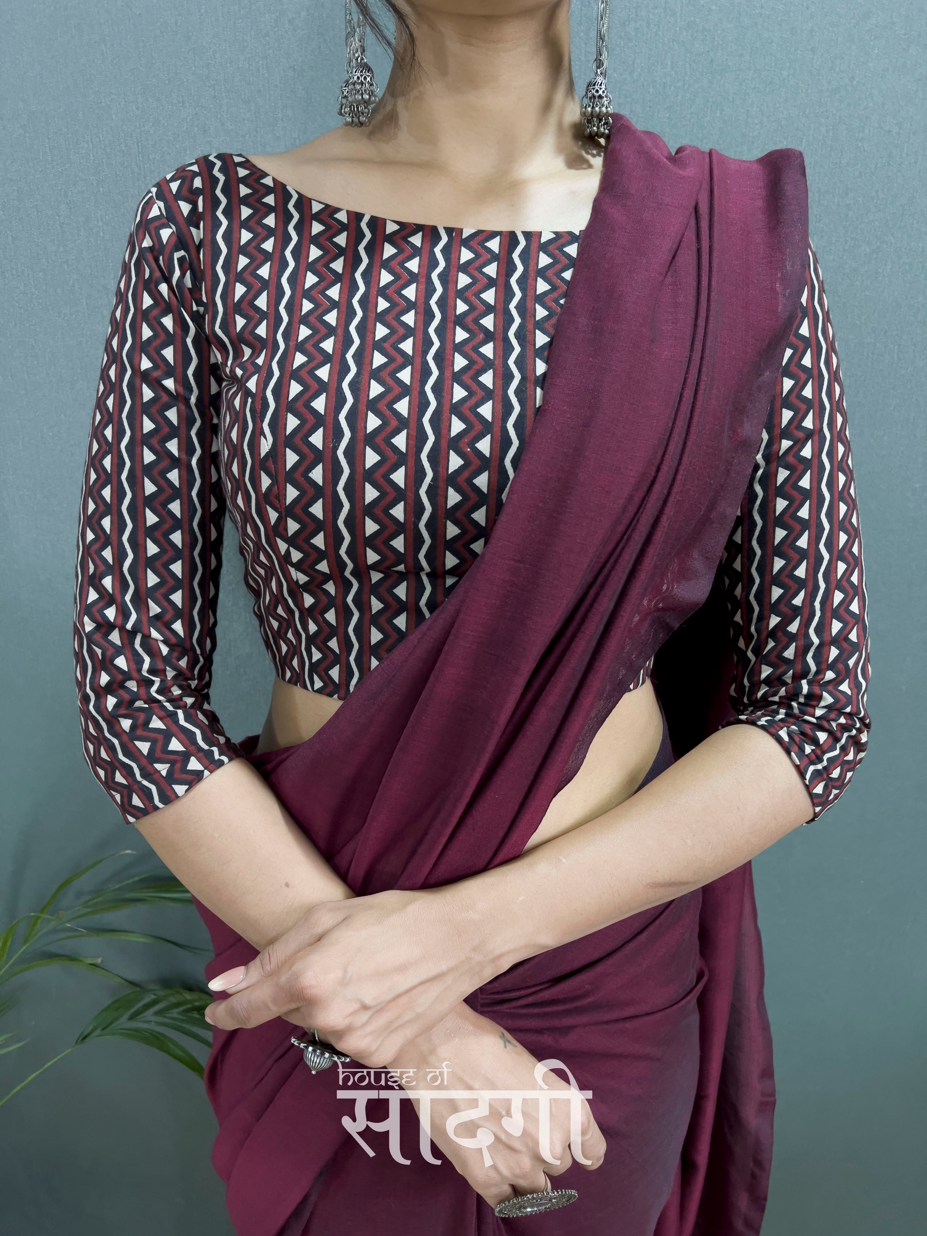 Dark Maroon Handloom Cotton Saree With Black Printed Blouse