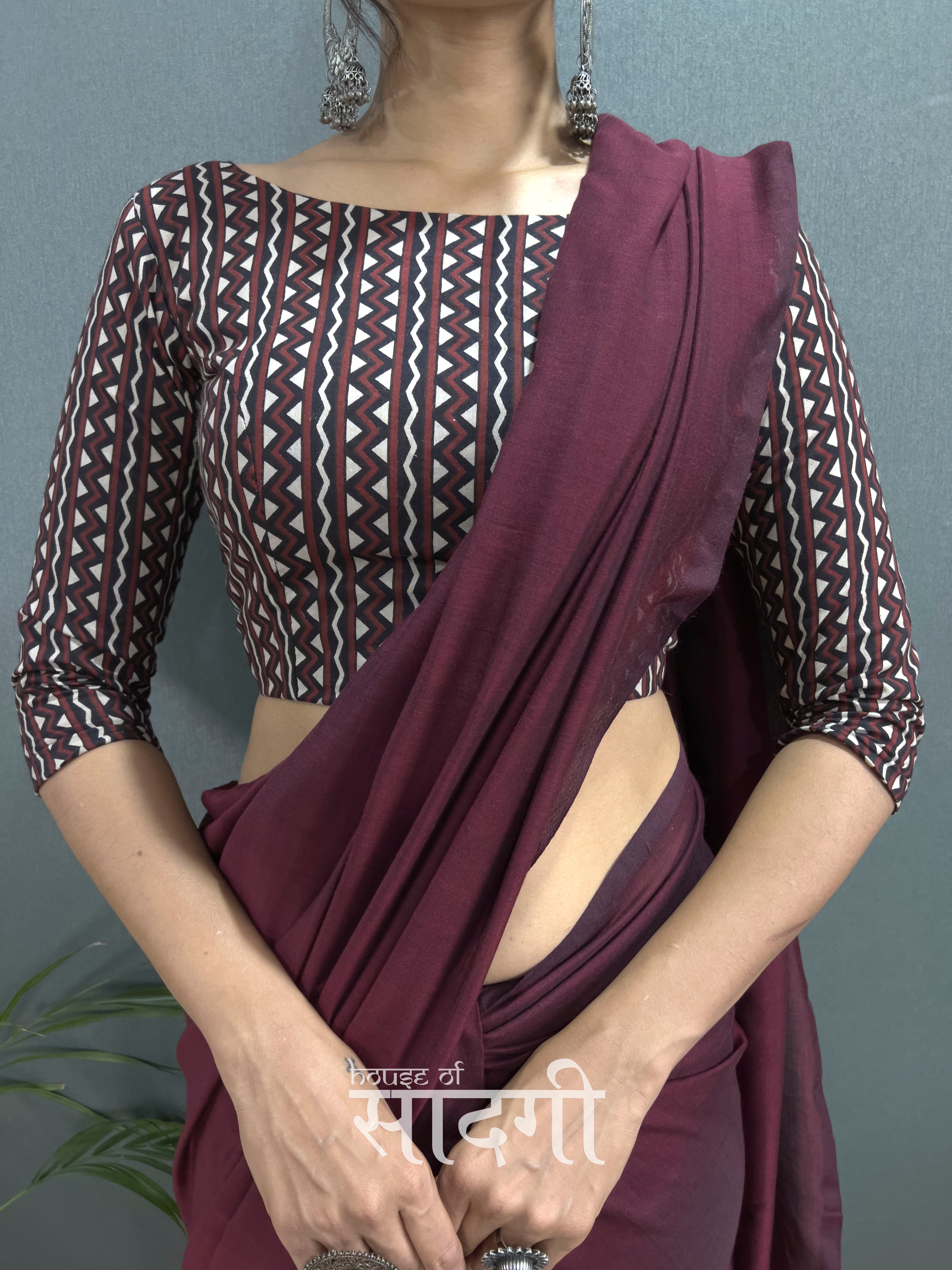 Dark Maroon Handloom Cotton Saree With Black Printed Blouse