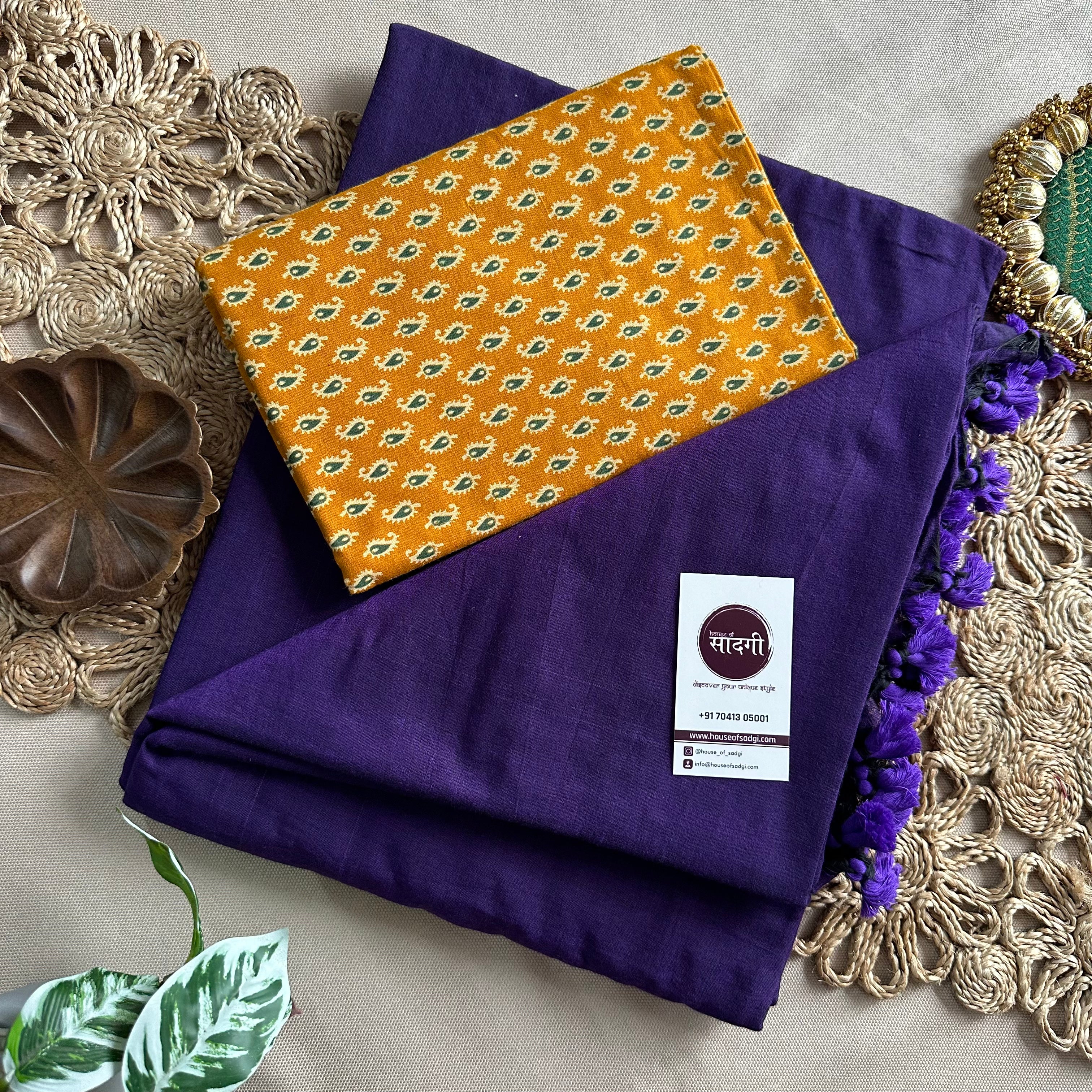 Purple Handloom Cotton Saree With Yellow Printed Blouse