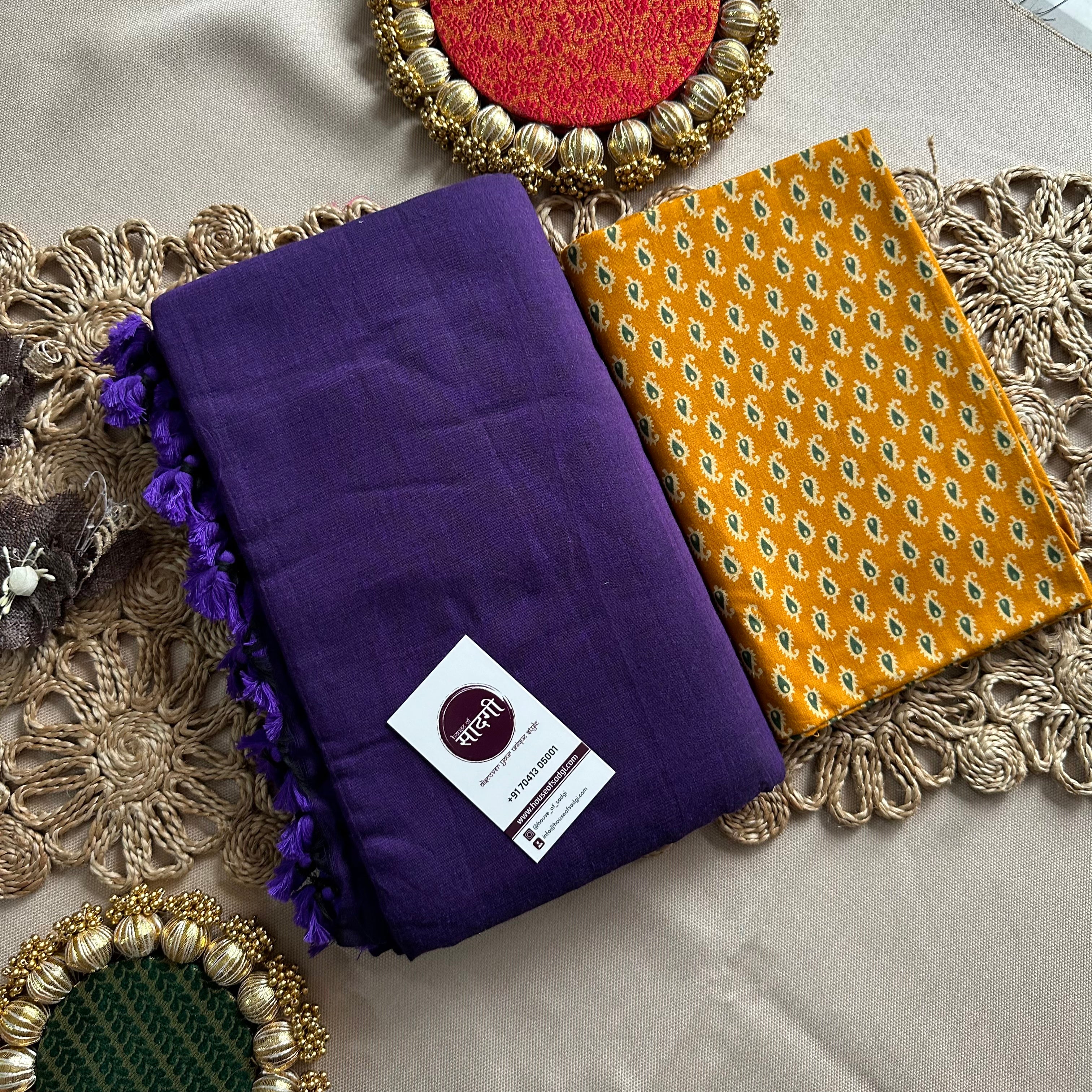 Purple Handloom Cotton Saree With Yellow Printed Blouse