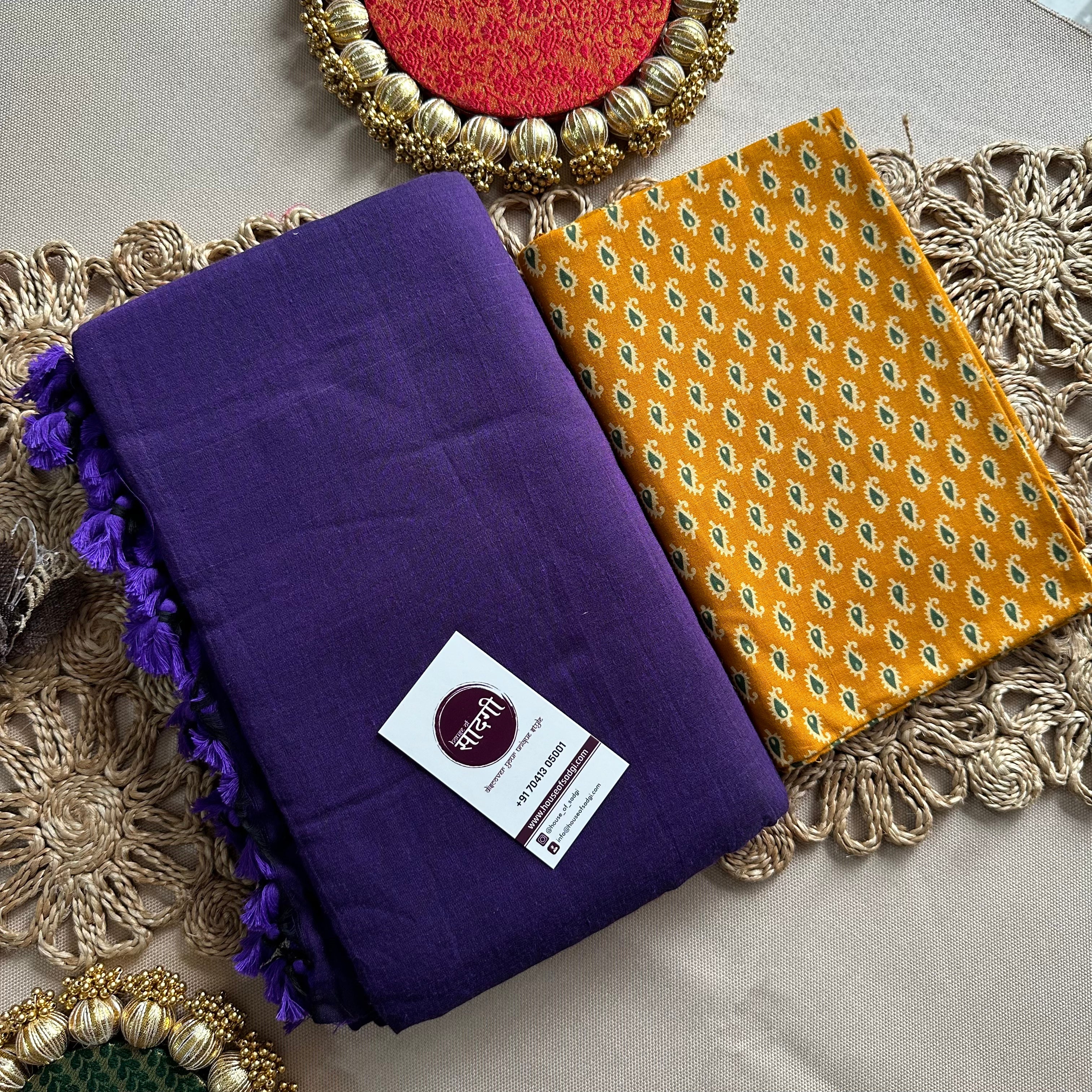 Purple Handloom Cotton Saree With Yellow Printed Blouse