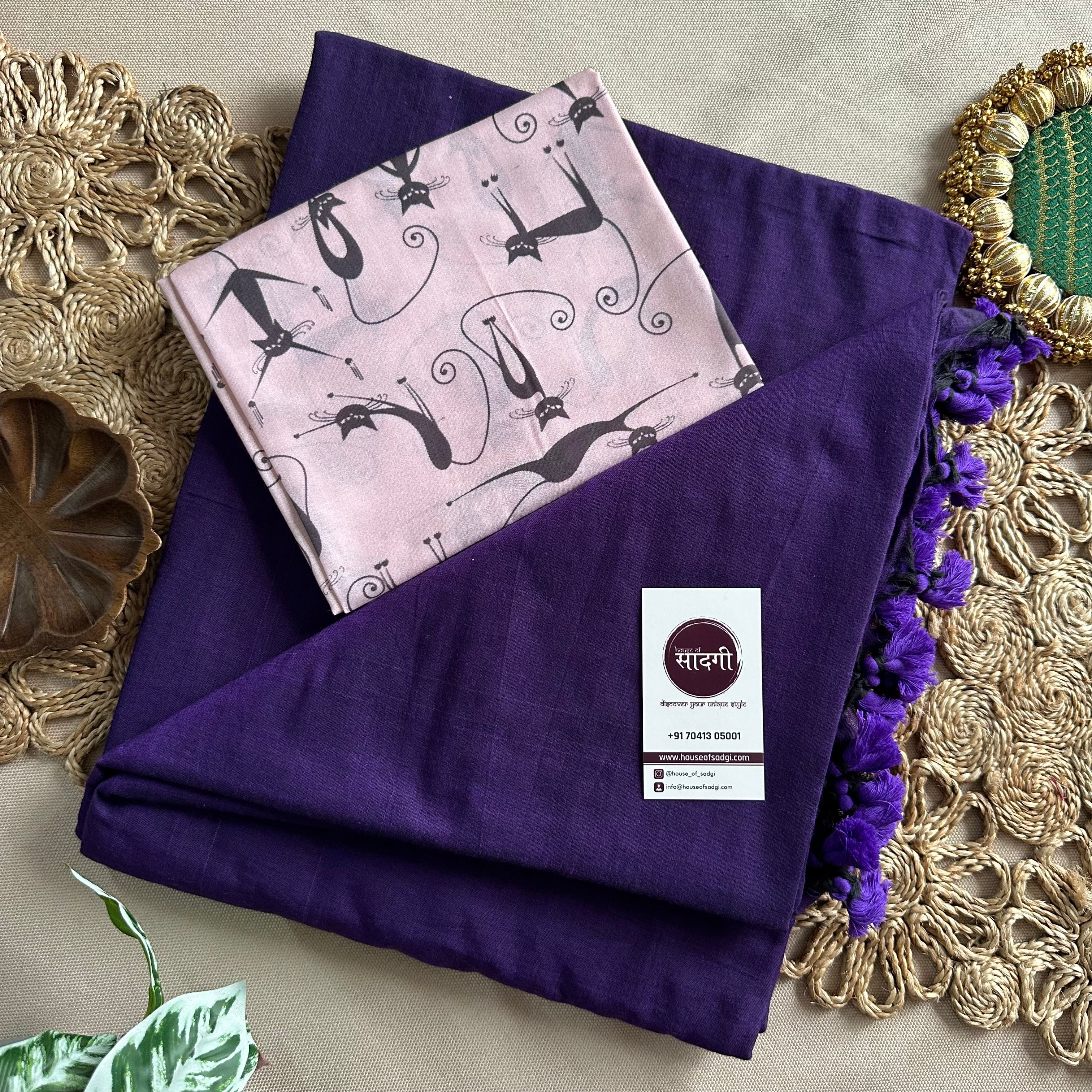 Purple Handloom Khadi Cotton Saree With Cat  Printed Blouse