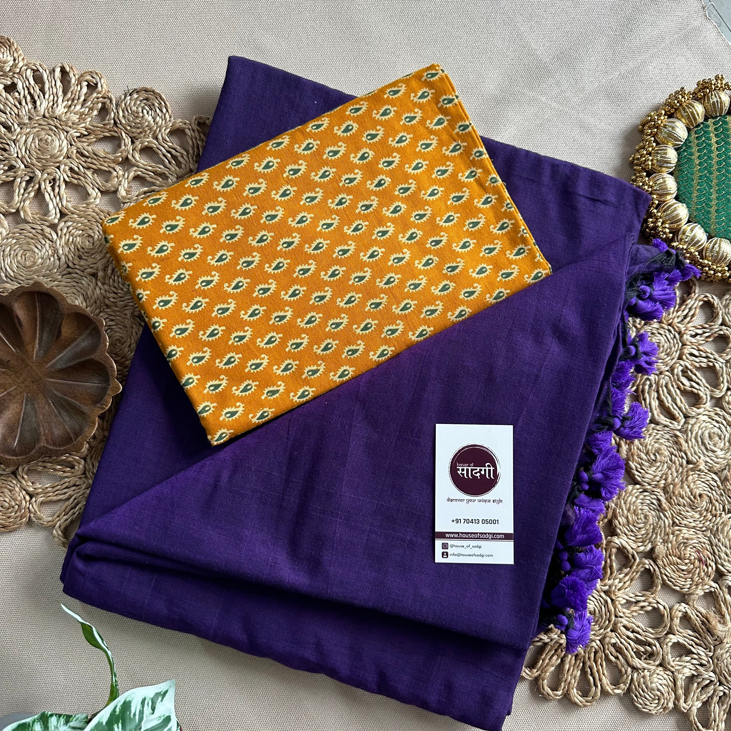 Purple Handloom Cotton Saree With Yellow Printed Blouse