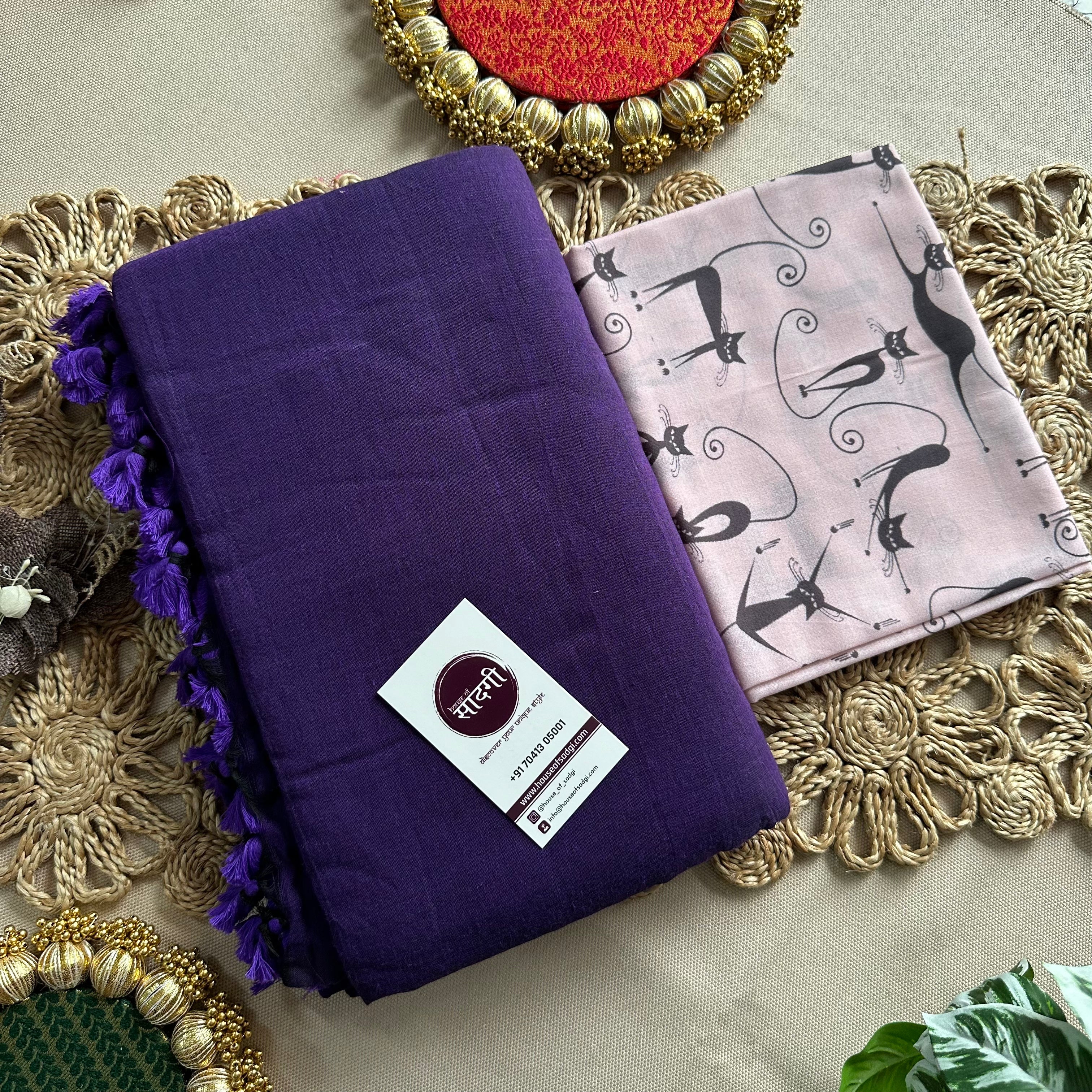 Purple Handloom Khadi Cotton Saree With Cat  Printed Blouse