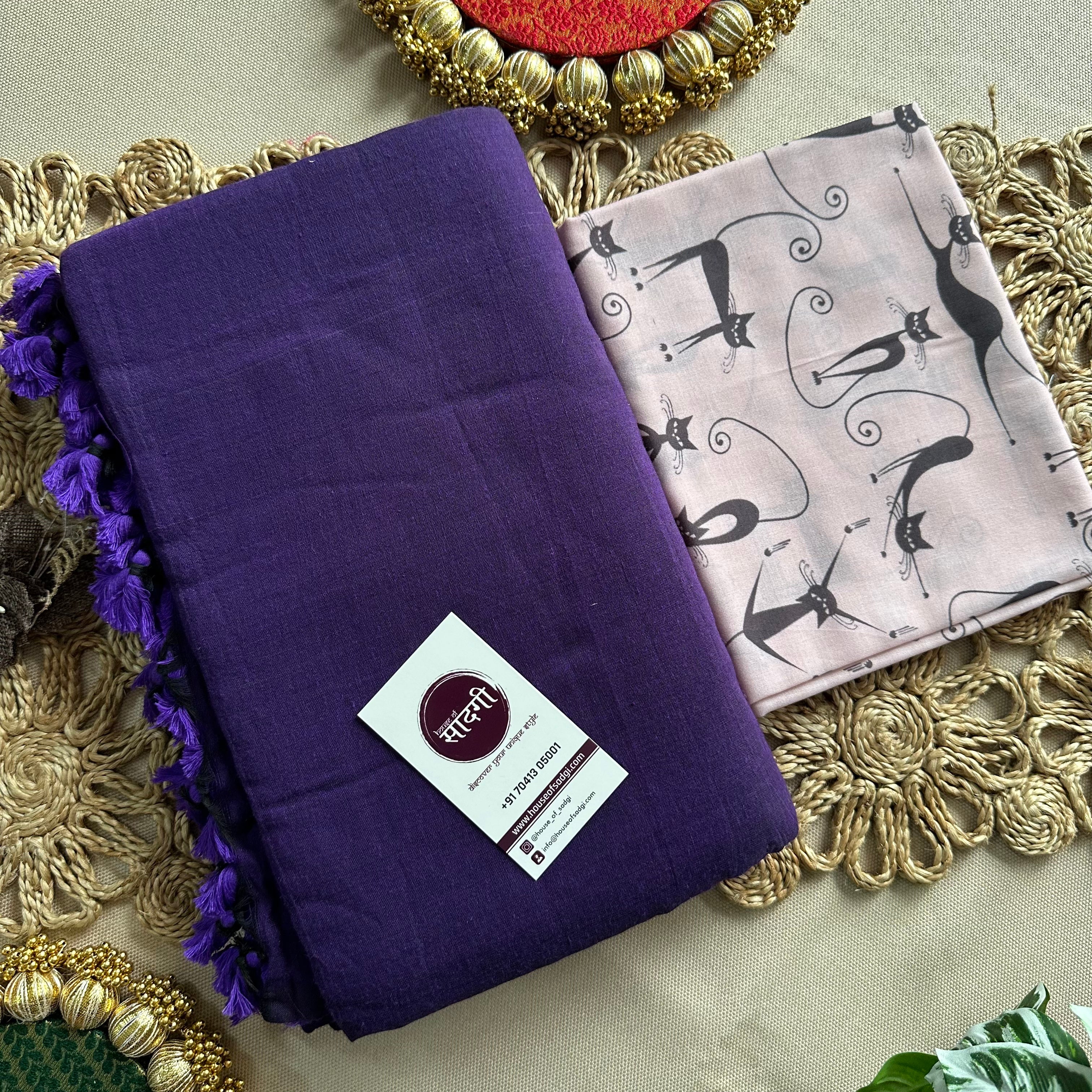 Purple Handloom Khadi Cotton Saree With Cat  Printed Blouse