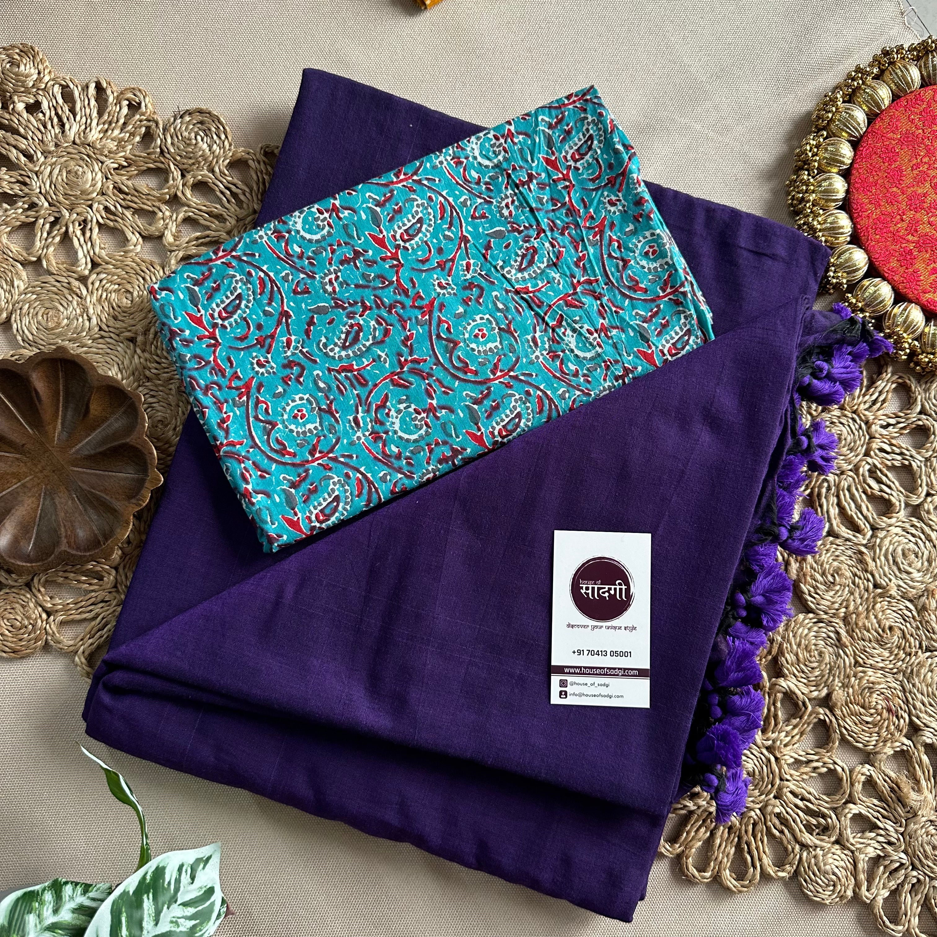 Purple Handloom Khadi Cotton Saree With Sky Printed Blouse