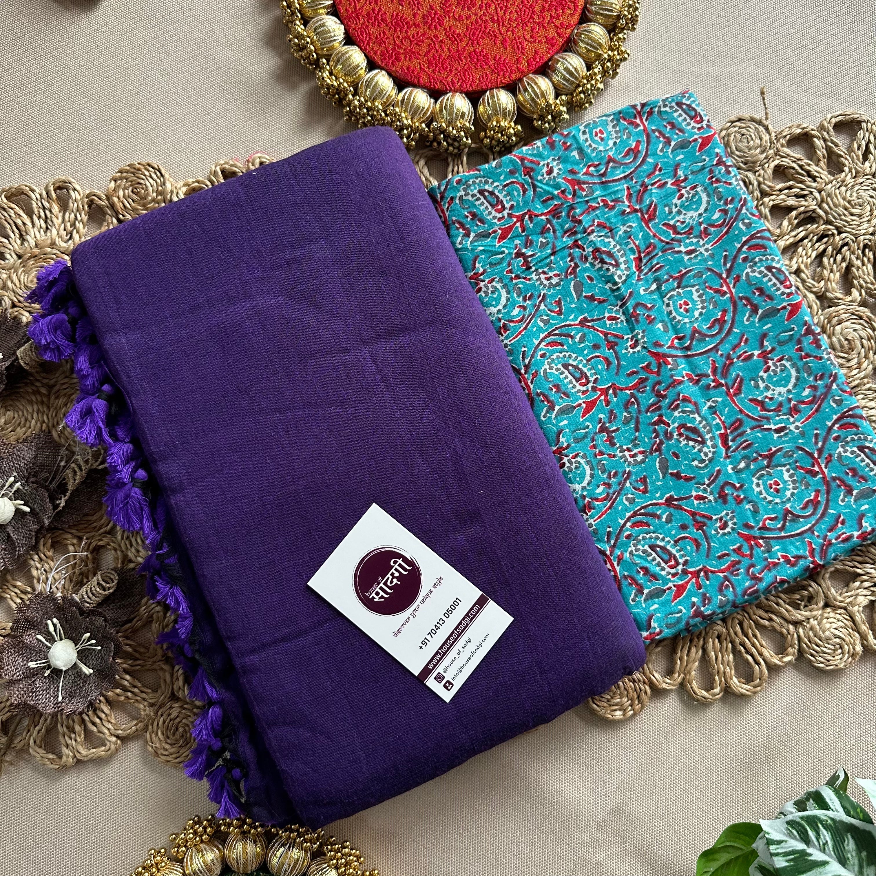 Purple Handloom Khadi Cotton Saree With Sky Printed Blouse