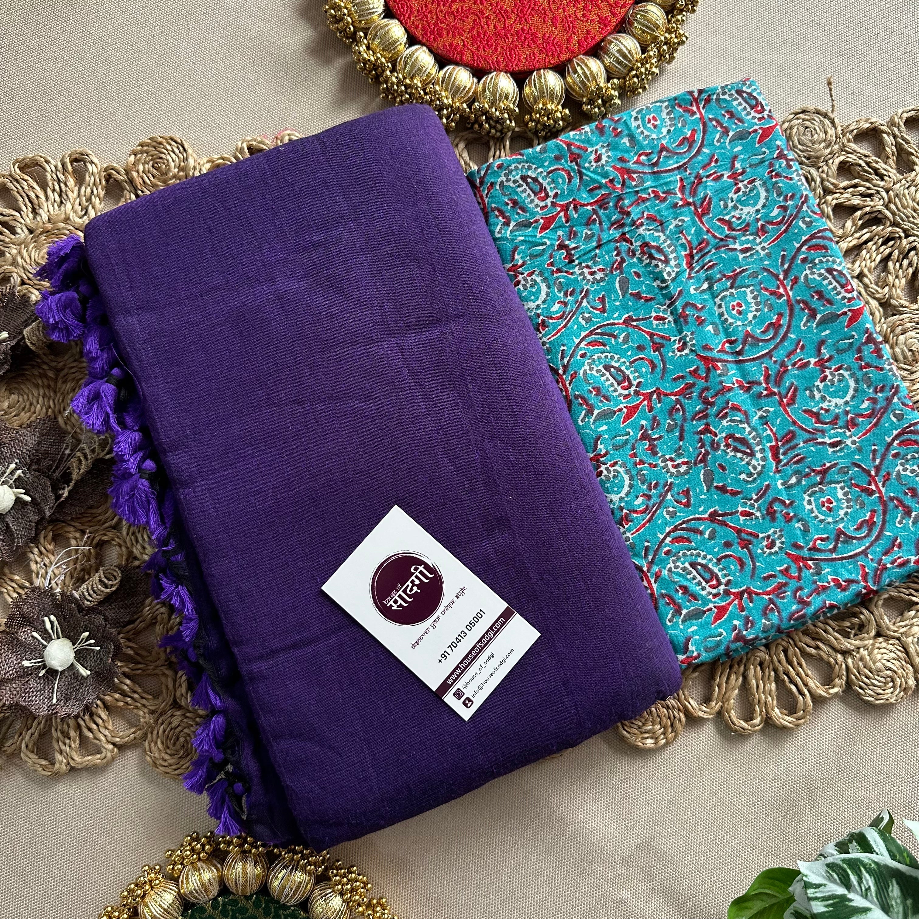 Purple Handloom Khadi Cotton Saree With Sky Printed Blouse