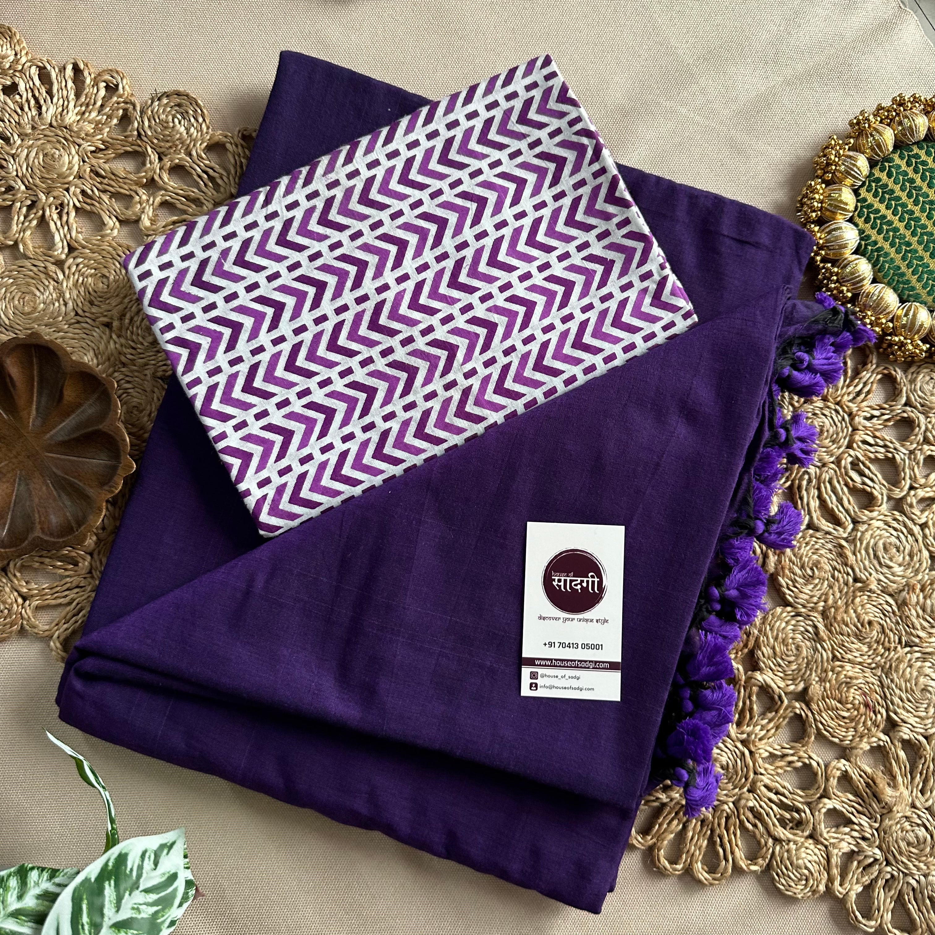 Purple Handloom Khadi Cotton Saree With White Printed Blouse