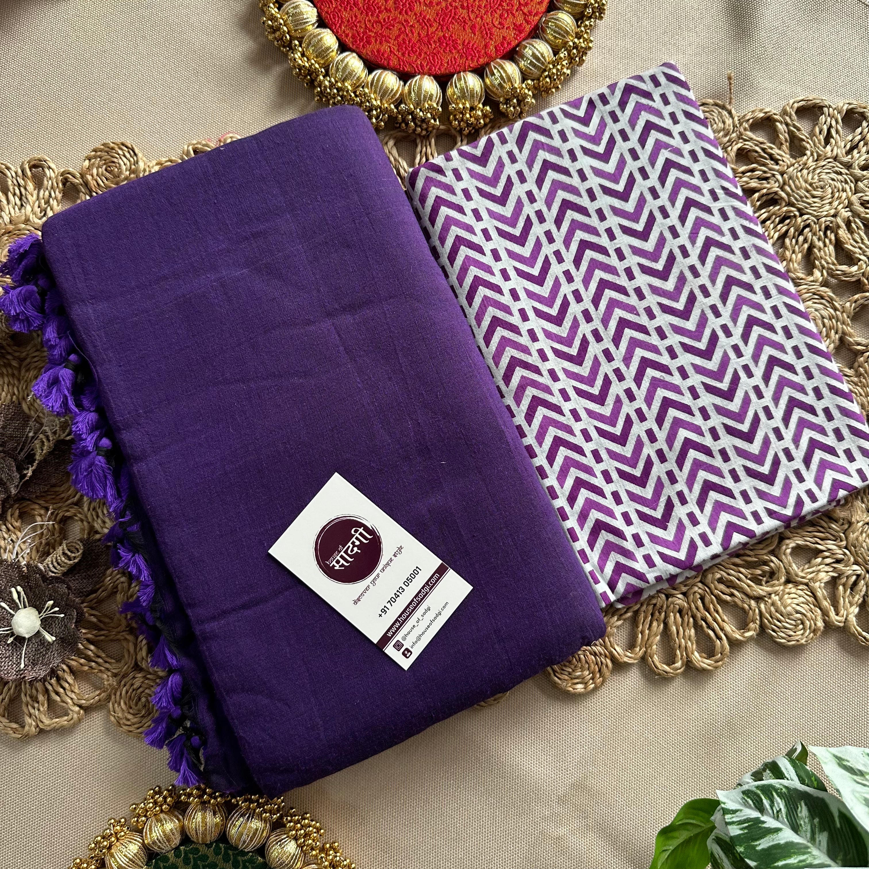 Purple Handloom Khadi Cotton Saree With White Printed Blouse