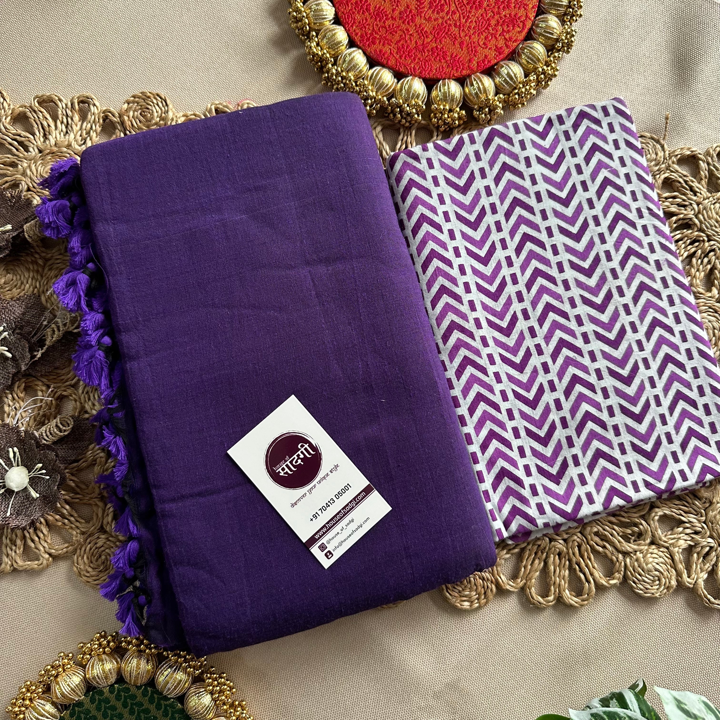 Purple Handloom Khadi Cotton Saree With White Printed Blouse