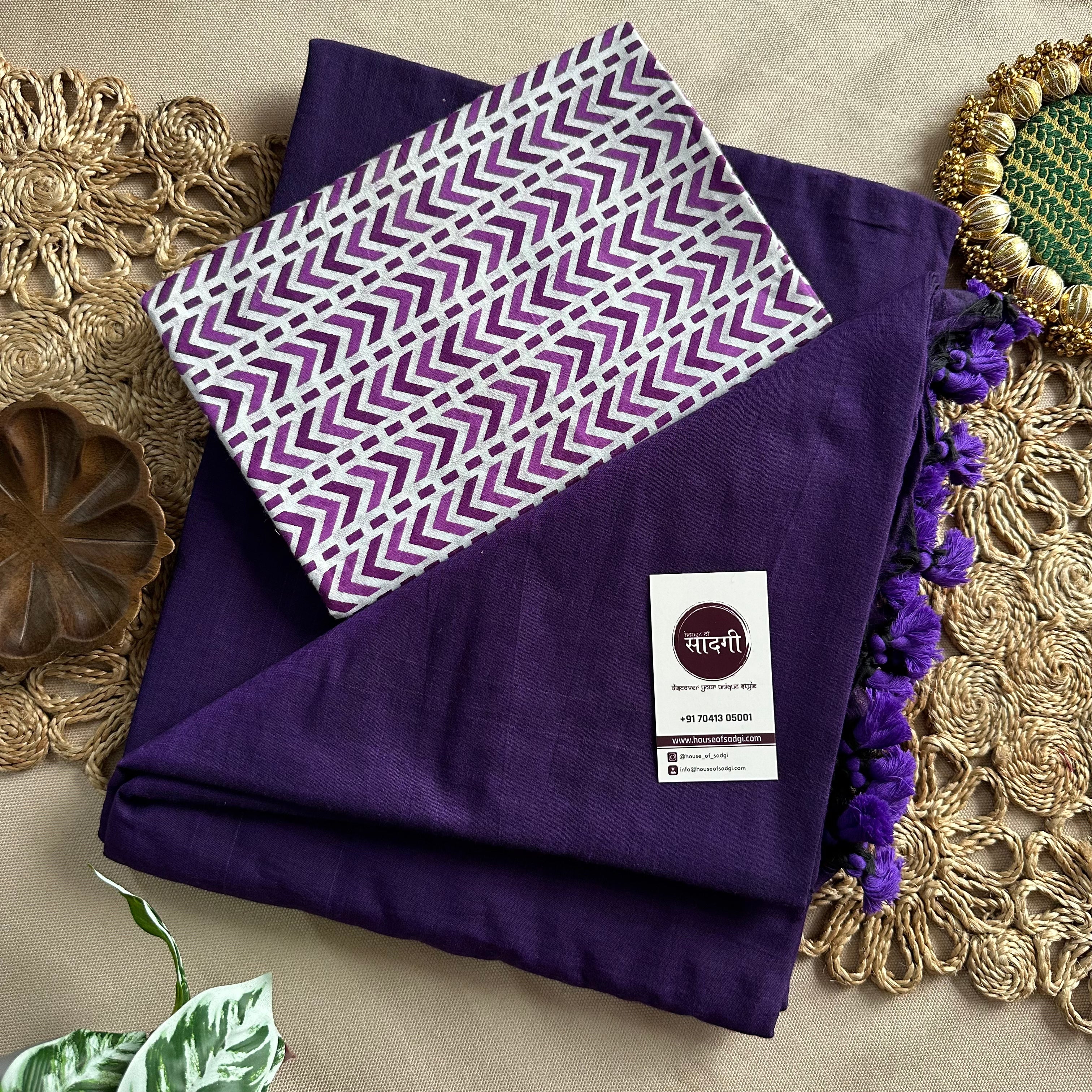 Purple Handloom Khadi Cotton Saree With White Printed Blouse