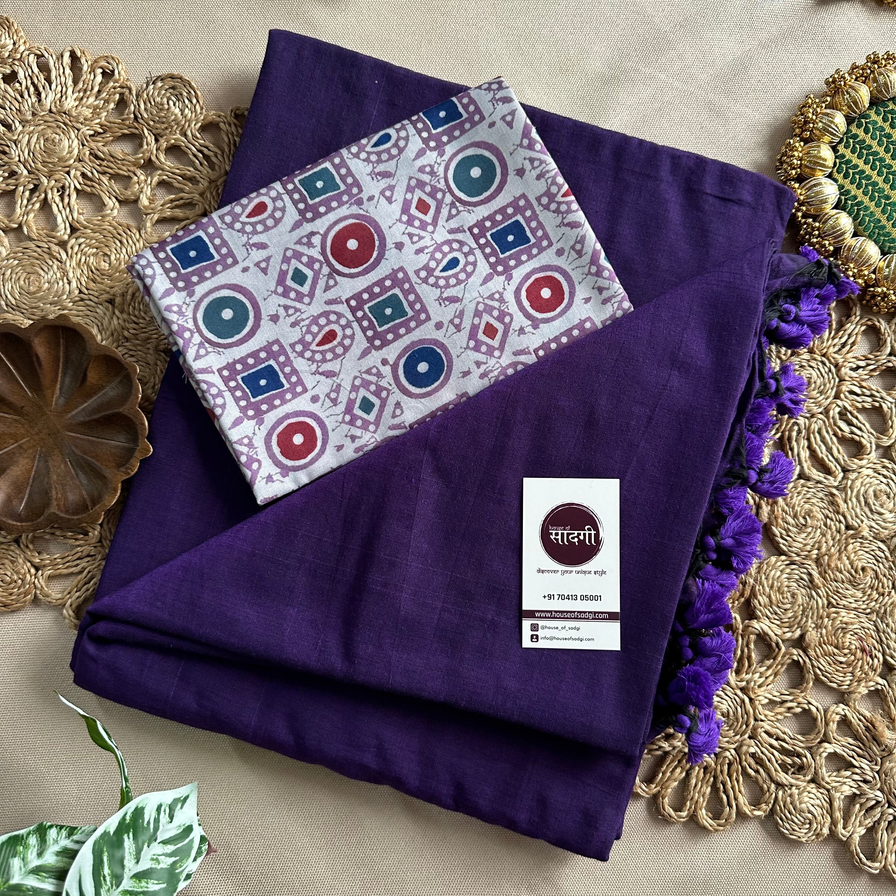 Purple Handloom Khadi Cotton Saree With Grey Printed Blouse