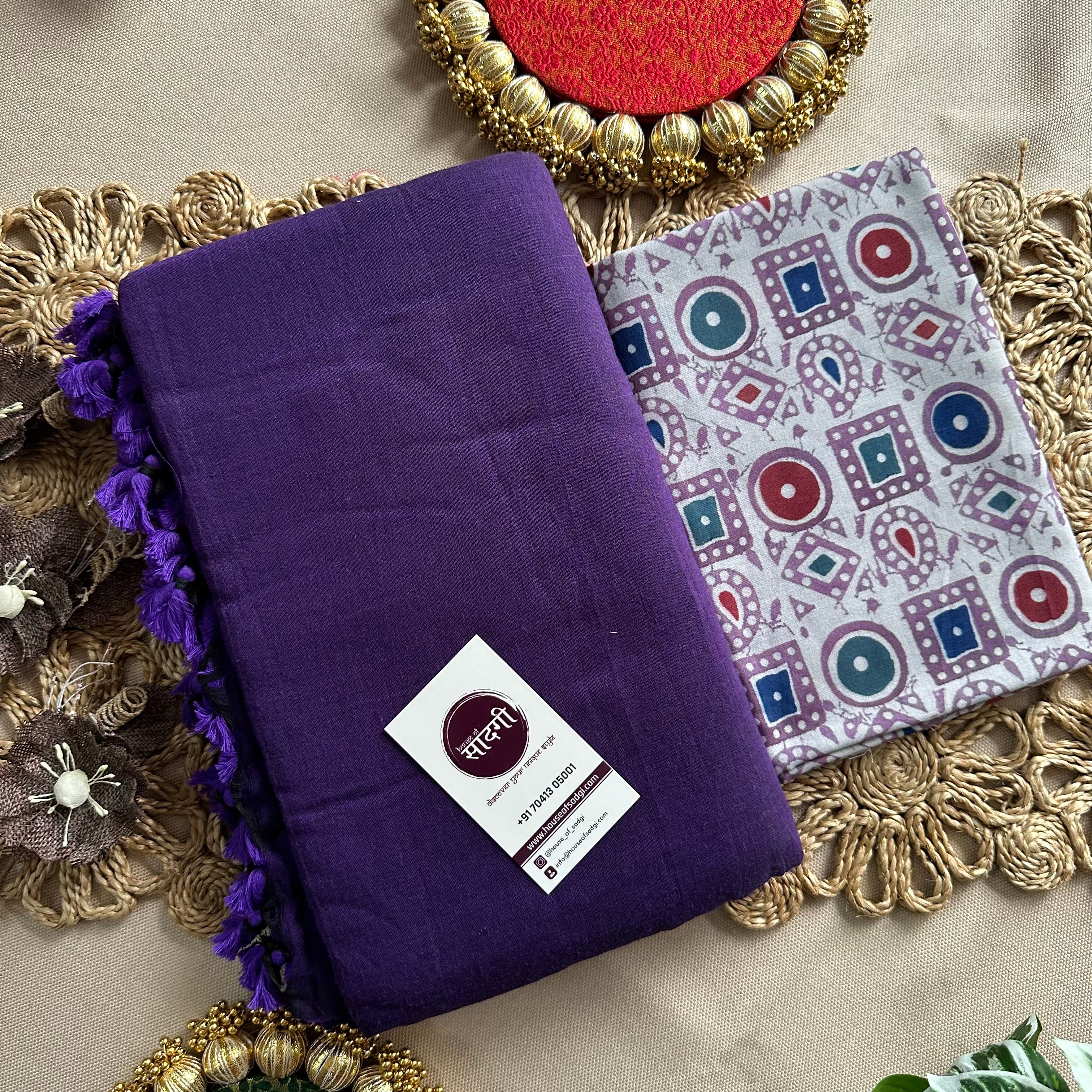 Purple Handloom Khadi Cotton Saree With Grey Printed Blouse