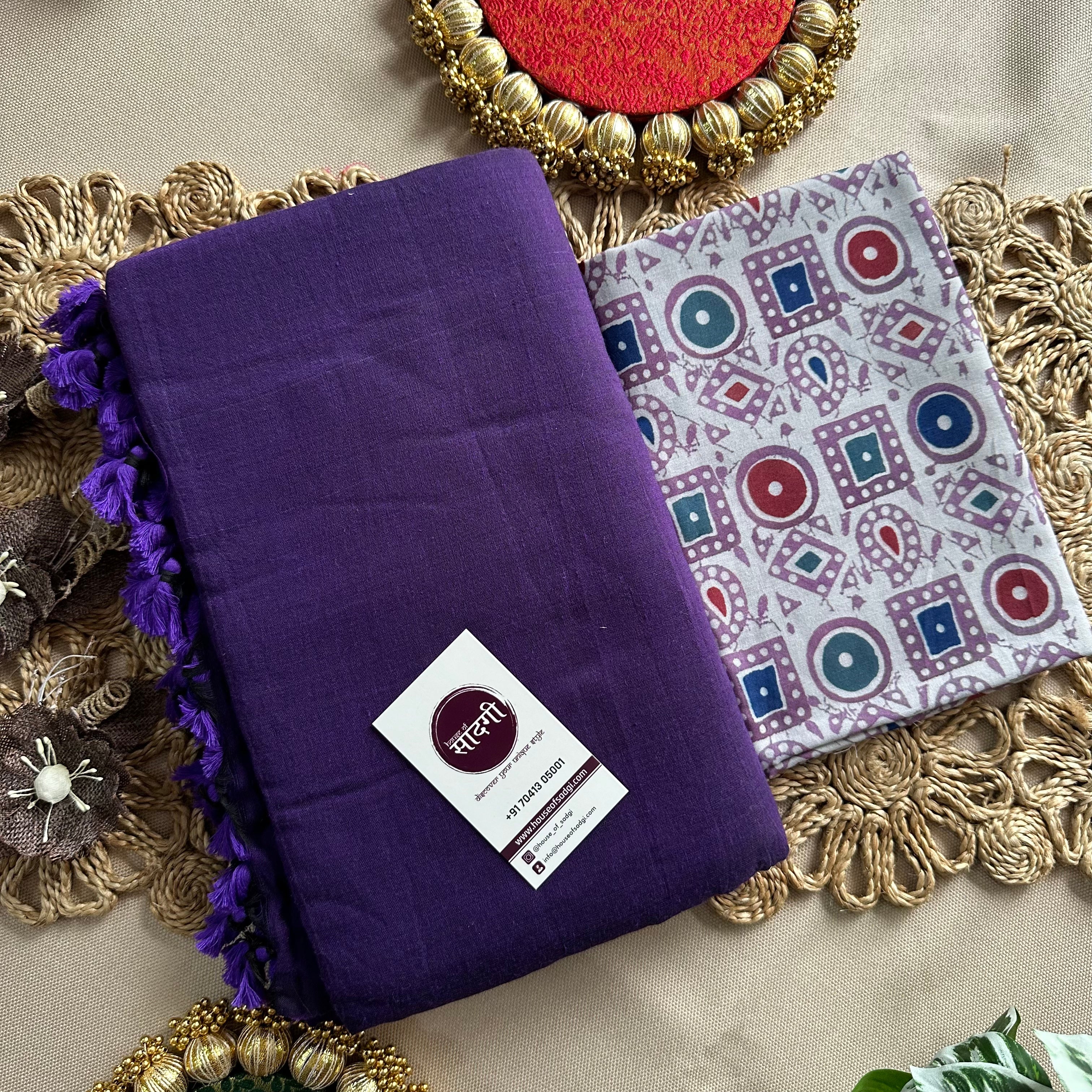 Purple Handloom Khadi Cotton Saree With Grey Printed Blouse