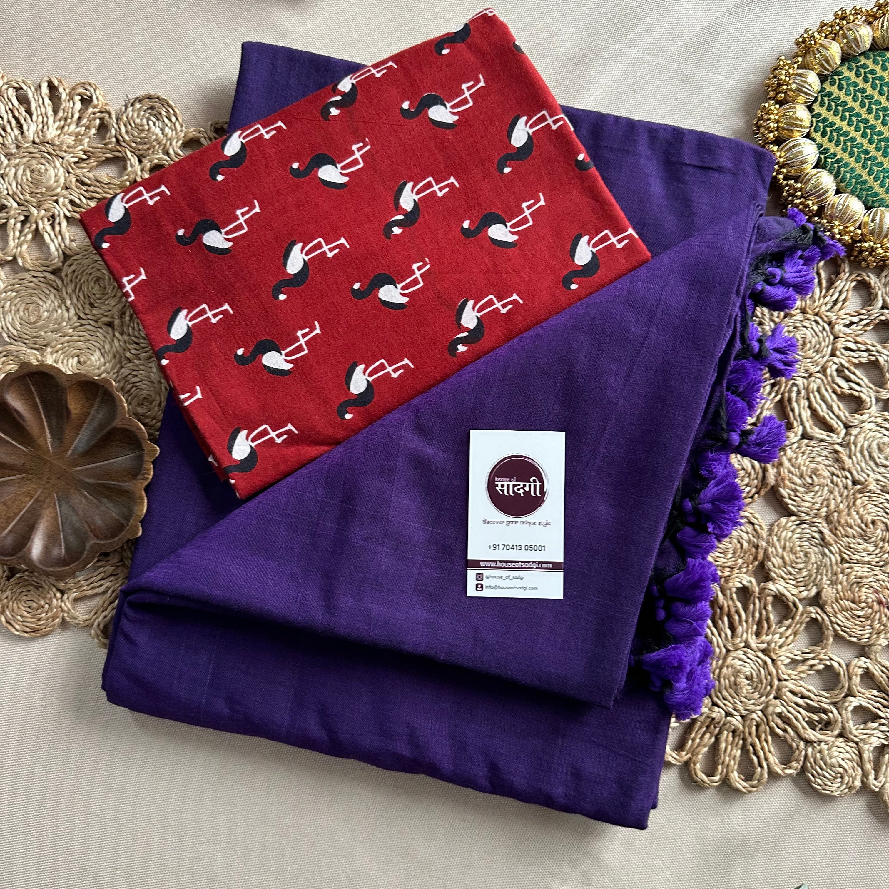 Purple Handloom Khadi Cotton Saree With Marun Bird Printed Blouse