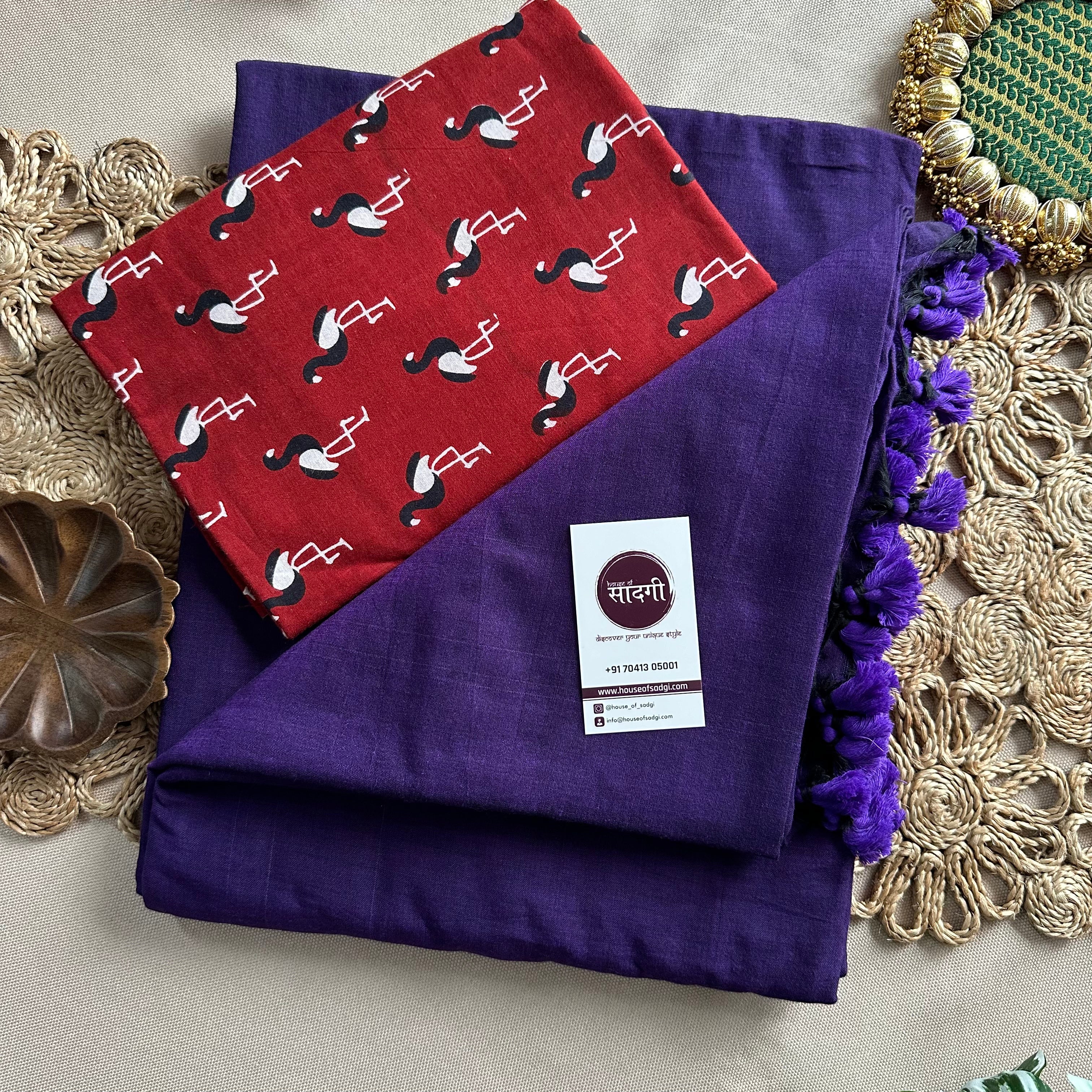 Purple Handloom Khadi Cotton Saree With Marun Bird Printed Blouse