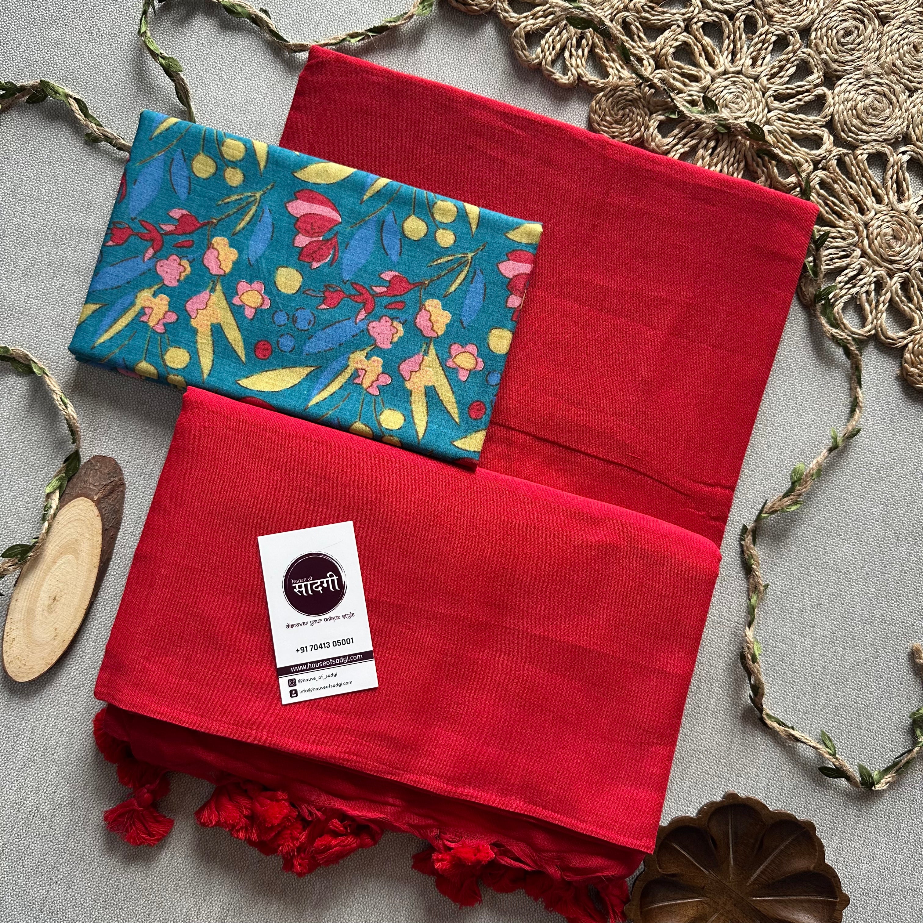 Red Handloom Khadi Cotton Saree With Rama Flower Print Blouse