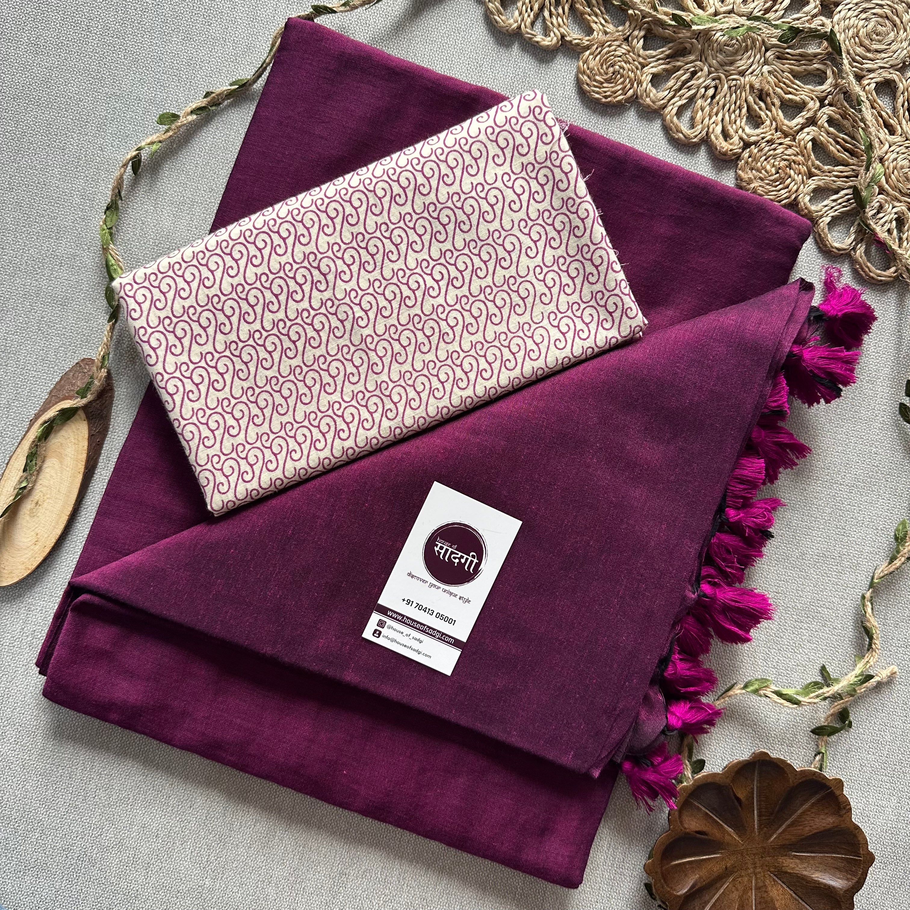 Dark Wine Handloom Khadi Cotton Saree With  White Print Blouse