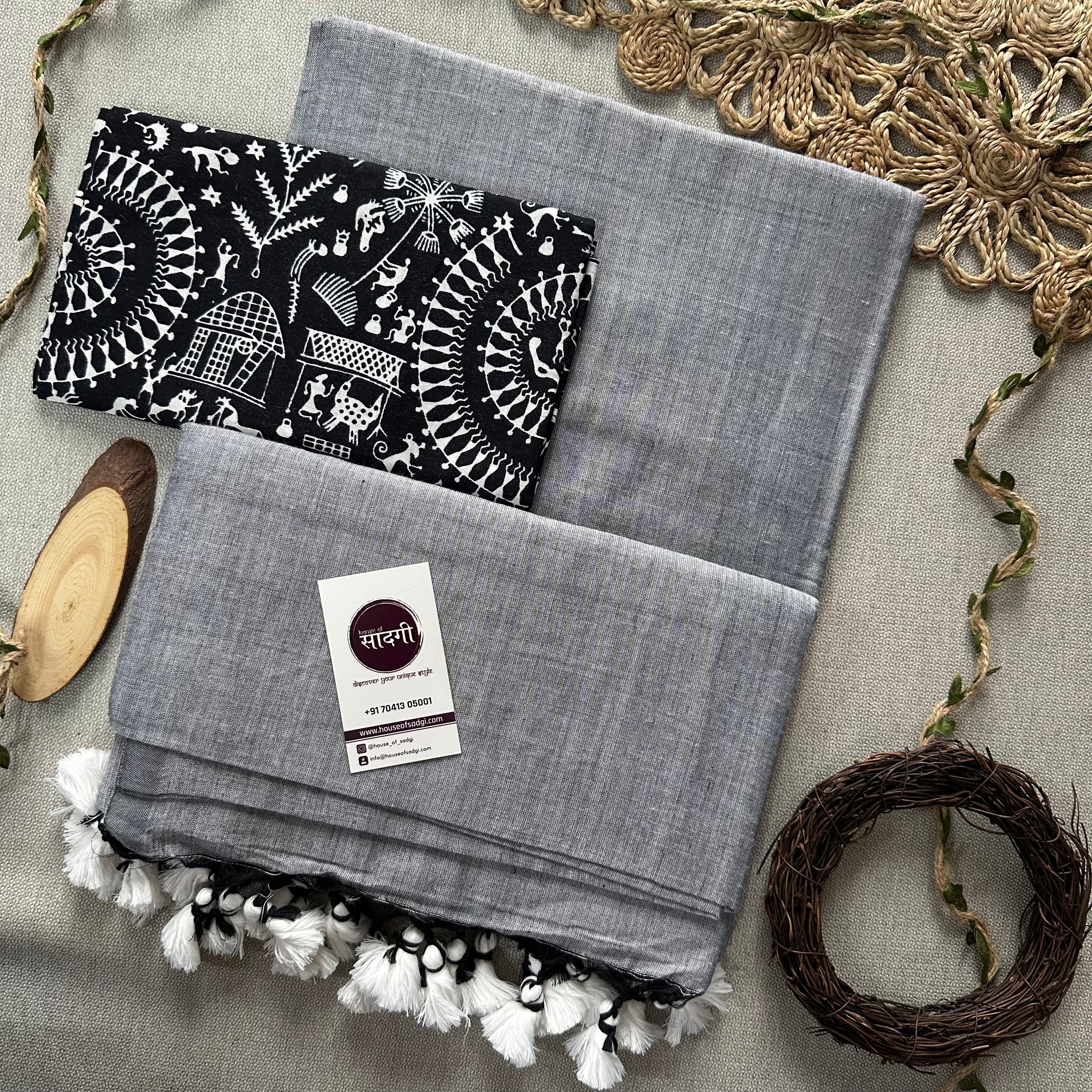 Light Grey Handloom Khadi Cotton Saree With Black Vani Print Blouse