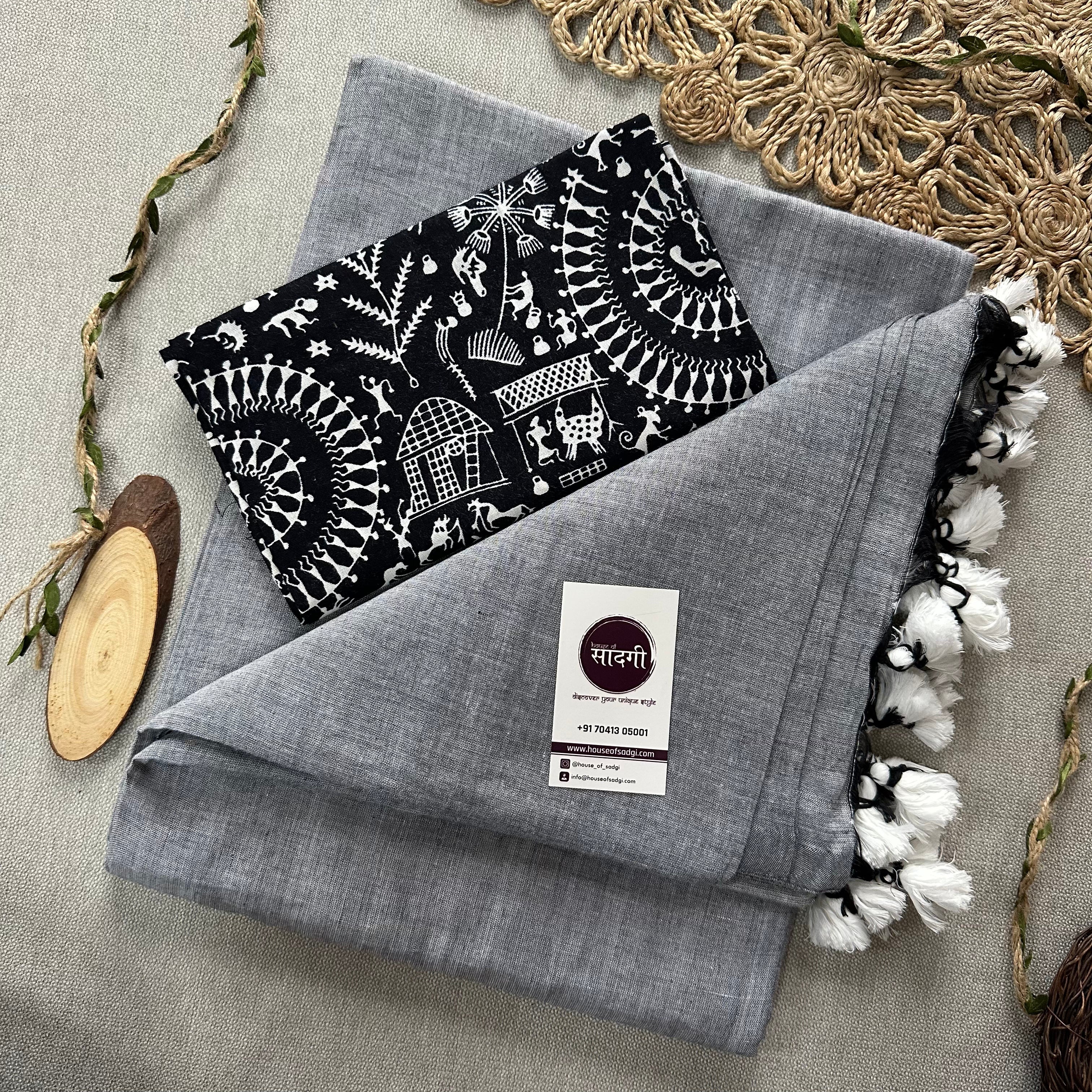 Light Grey Handloom Khadi Cotton Saree With Black Vani Print Blouse