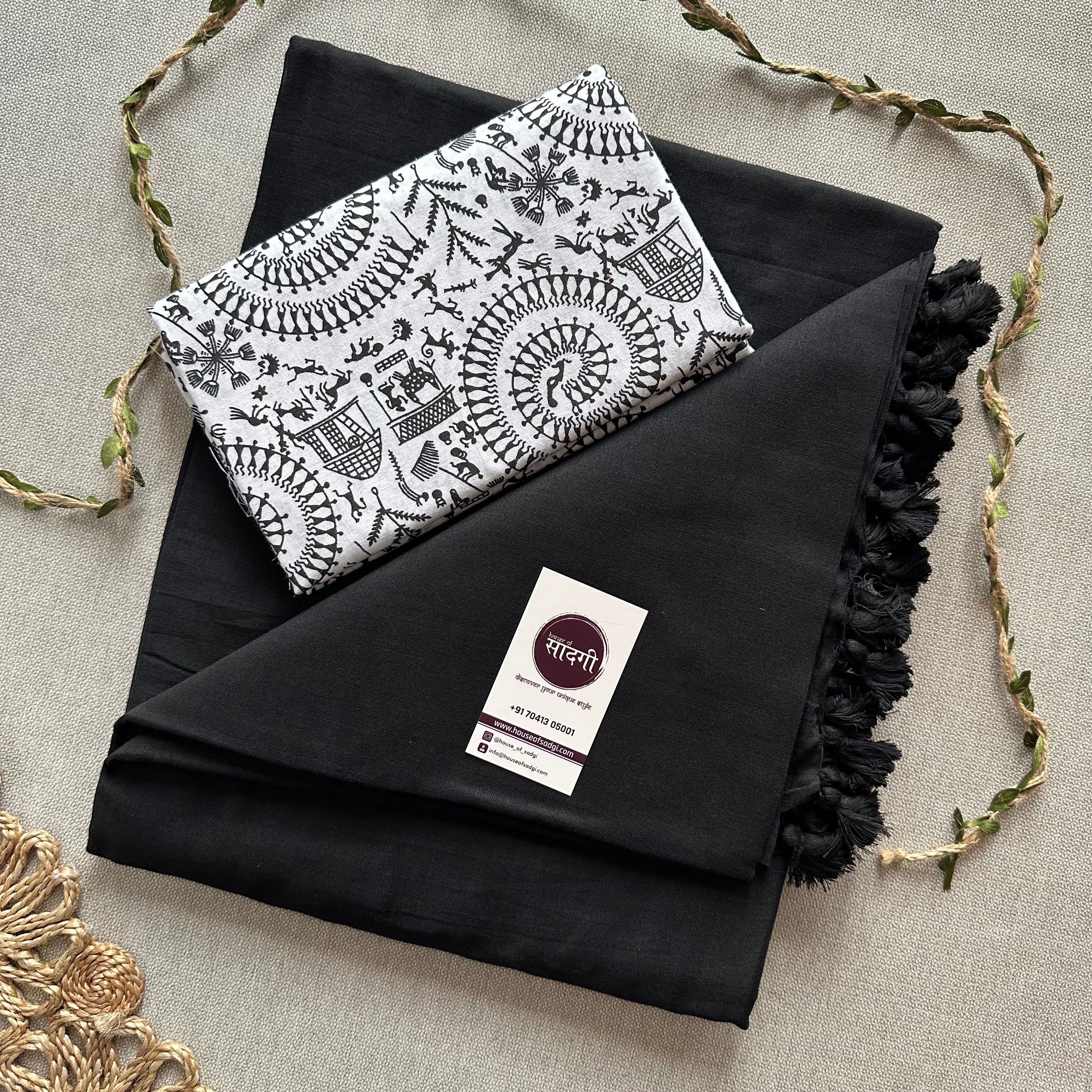 Black Handloom Khadi Cotton Saree With White Vani Print Blouse