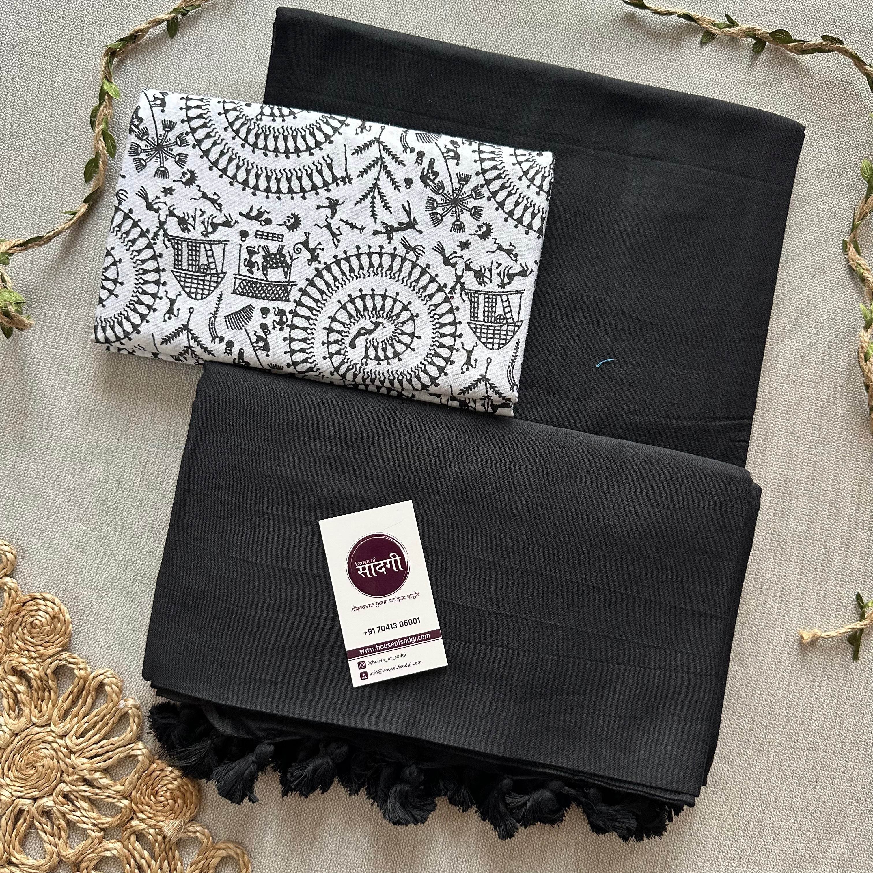 Black Handloom Khadi Cotton Saree With White Vani Print Blouse