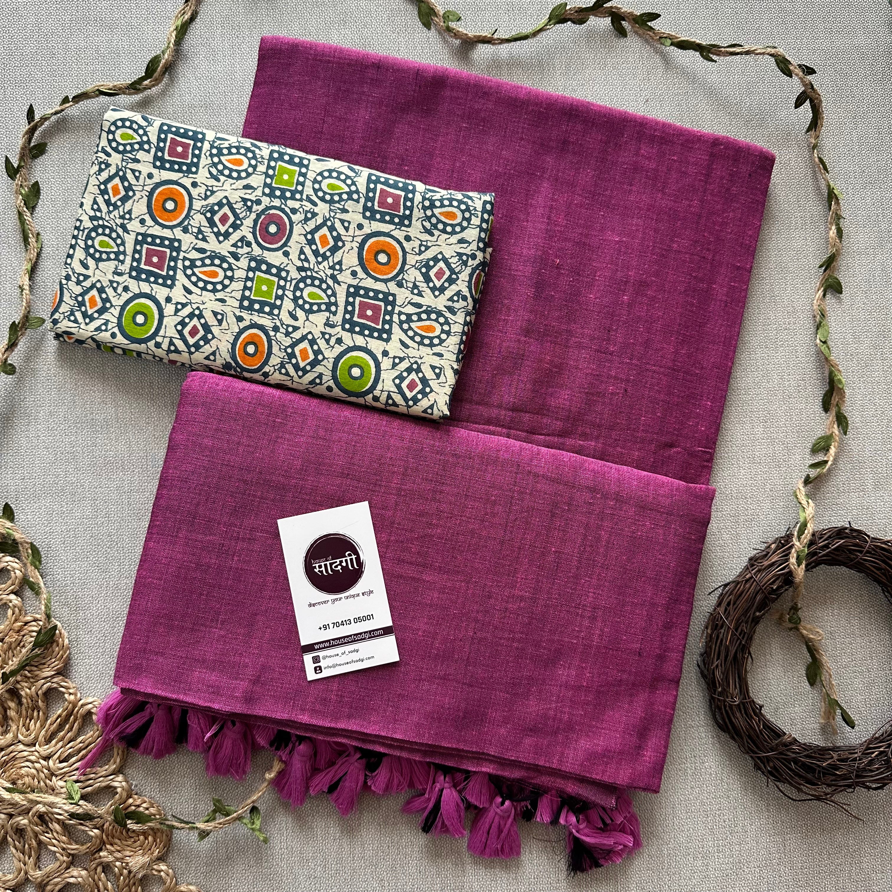 Lavender Handloom Khadi Cotton Saree With Multi Color Print Blouse