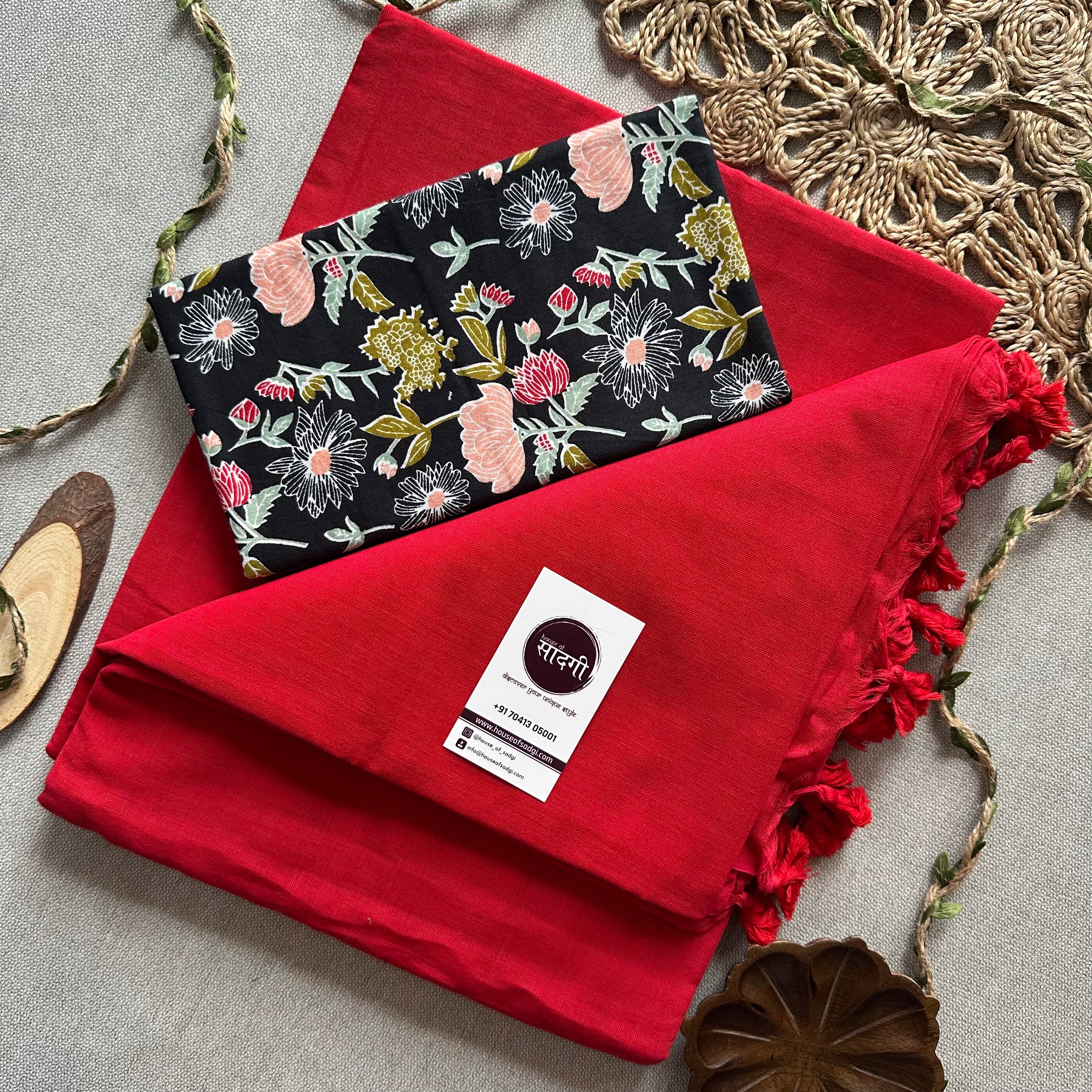 Red Handloom Khadi Cotton Saree With Black Flower Print Blouse