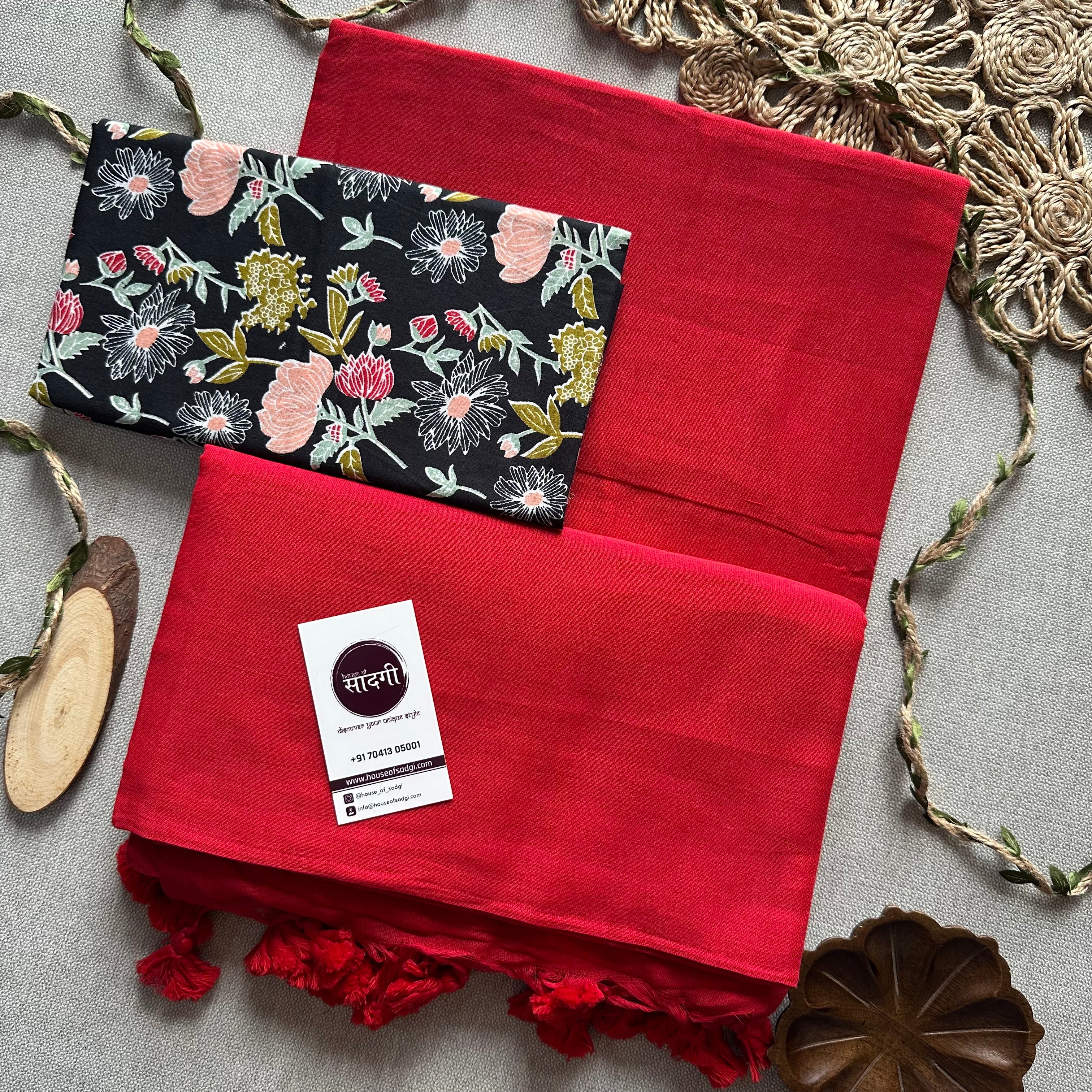 Red Handloom Khadi Cotton Saree With Black Flower Print Blouse