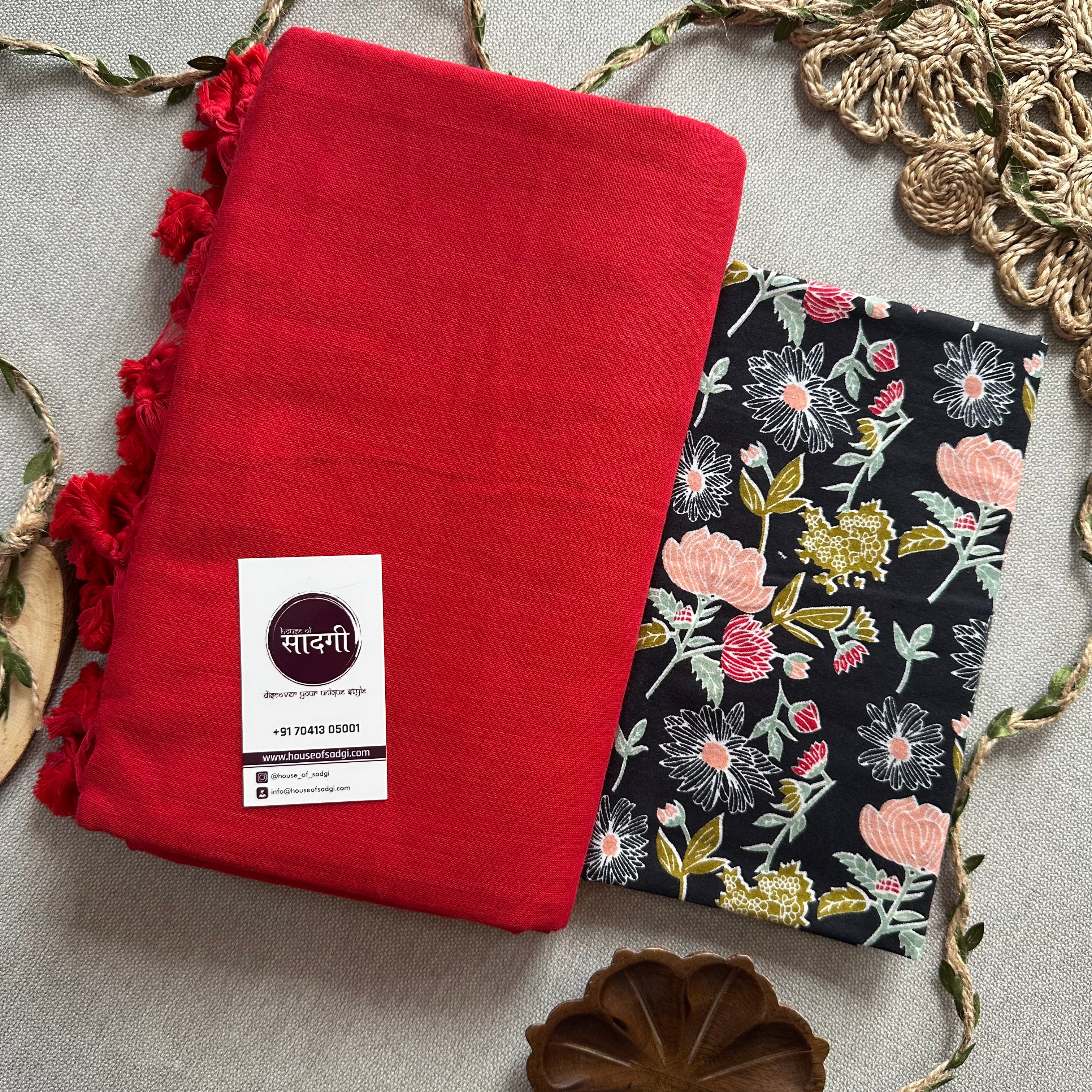 Red Handloom Khadi Cotton Saree With Black Flower Print Blouse