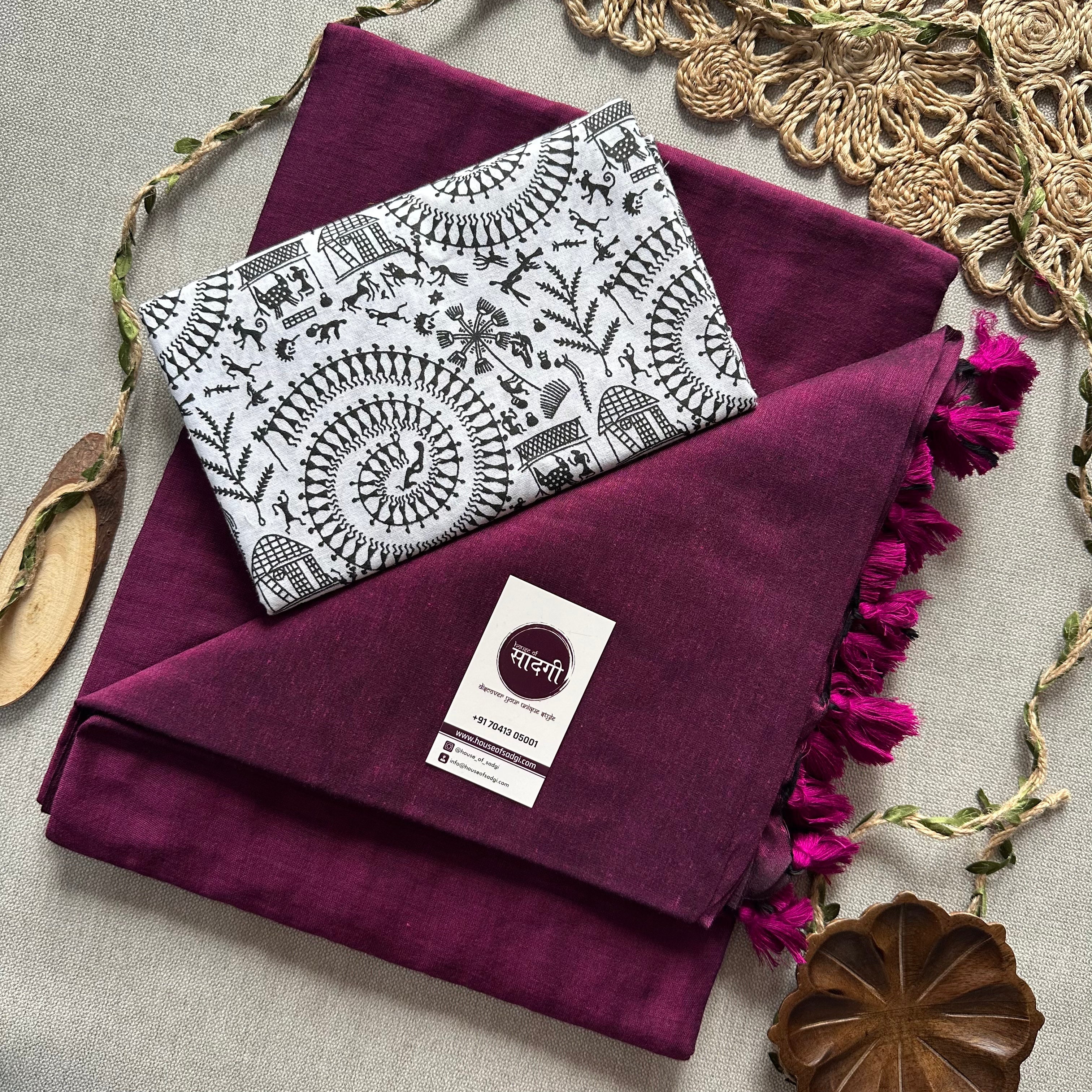 Dark Wine  Handloom Khadi Cotton Saree With White Vani Print Blouse