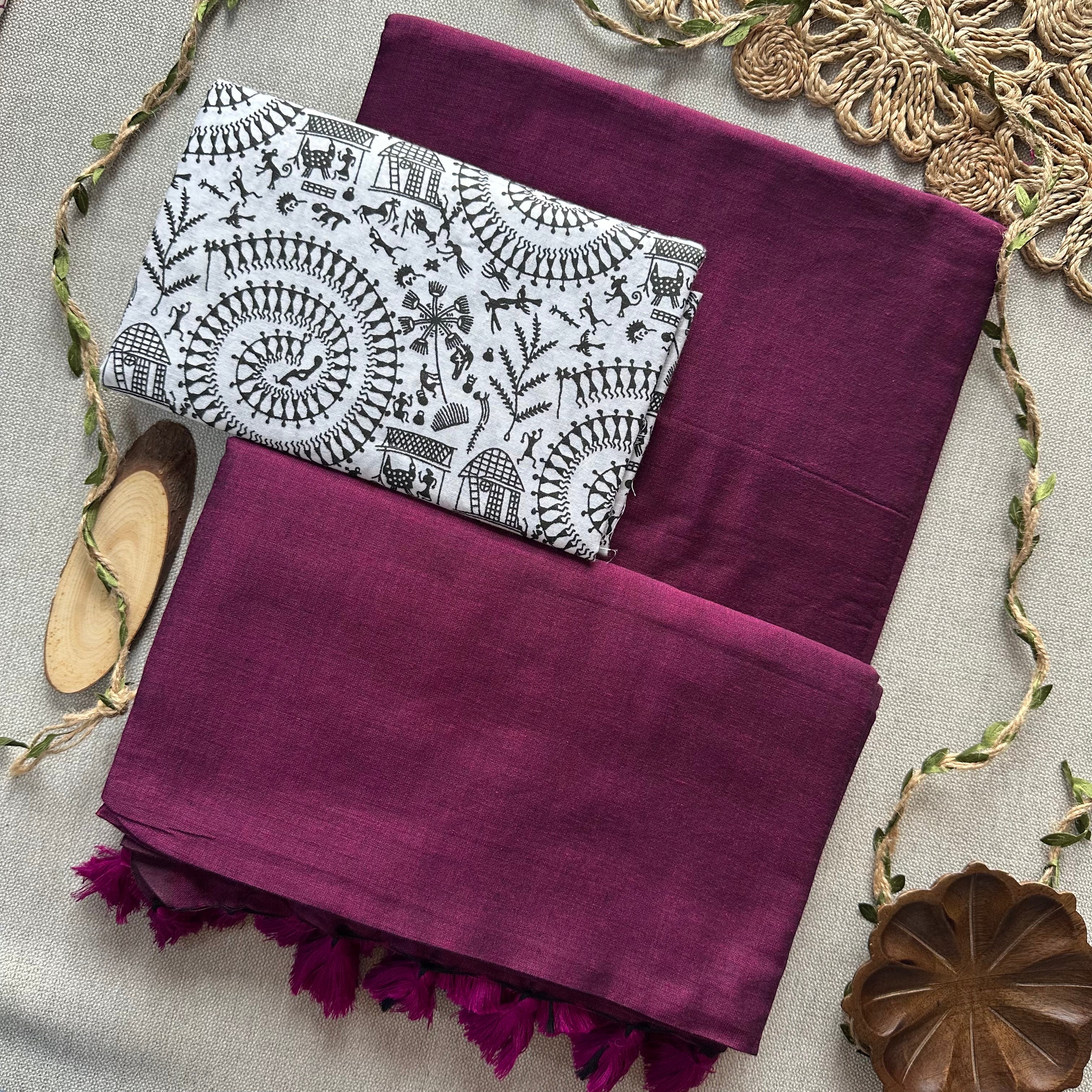 Dark Wine  Handloom Khadi Cotton Saree With White Vani Print Blouse