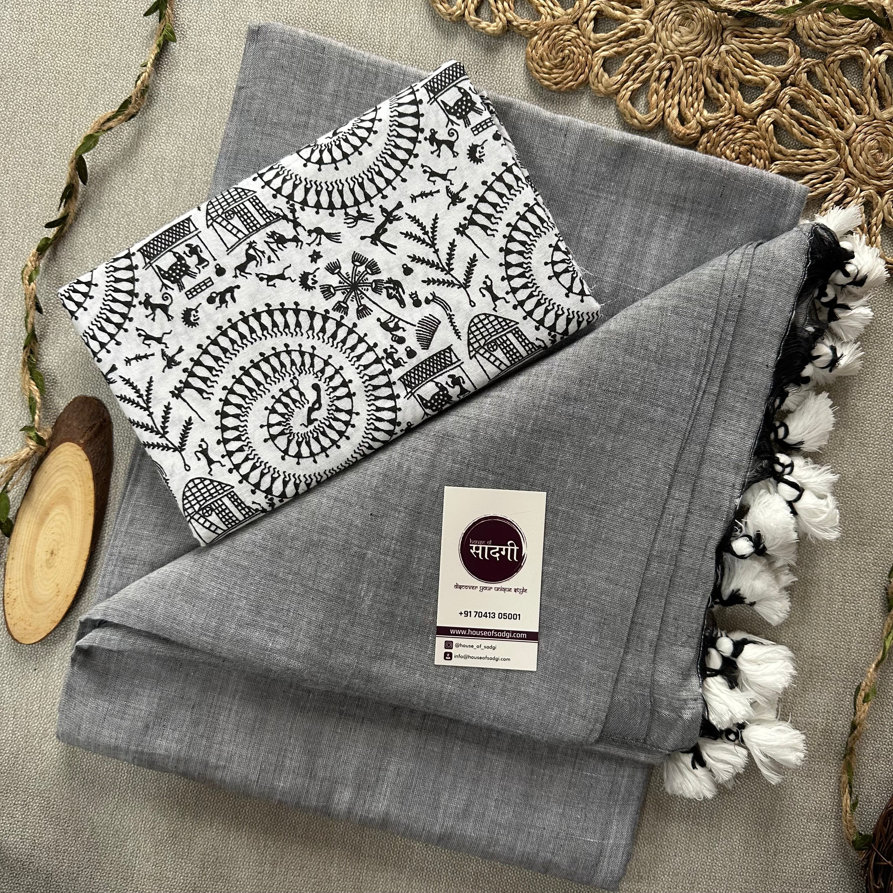 Light Grey Handloom Khadi Cotton Saree With White Vani Print Blouse