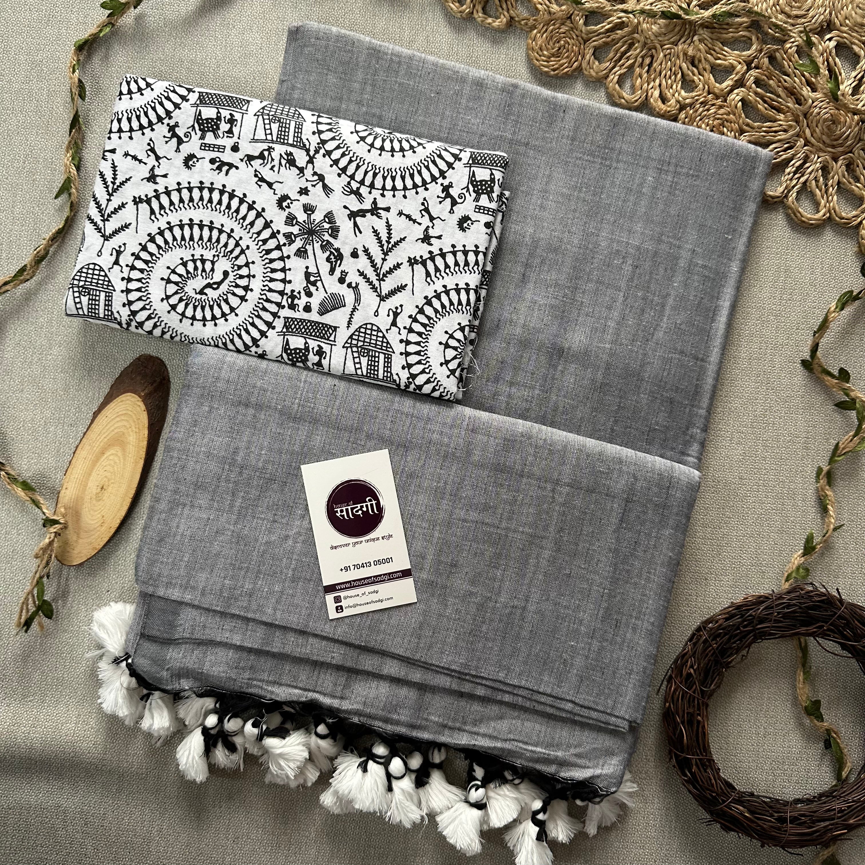 Light Grey Handloom Khadi Cotton Saree With White Vani Print Blouse