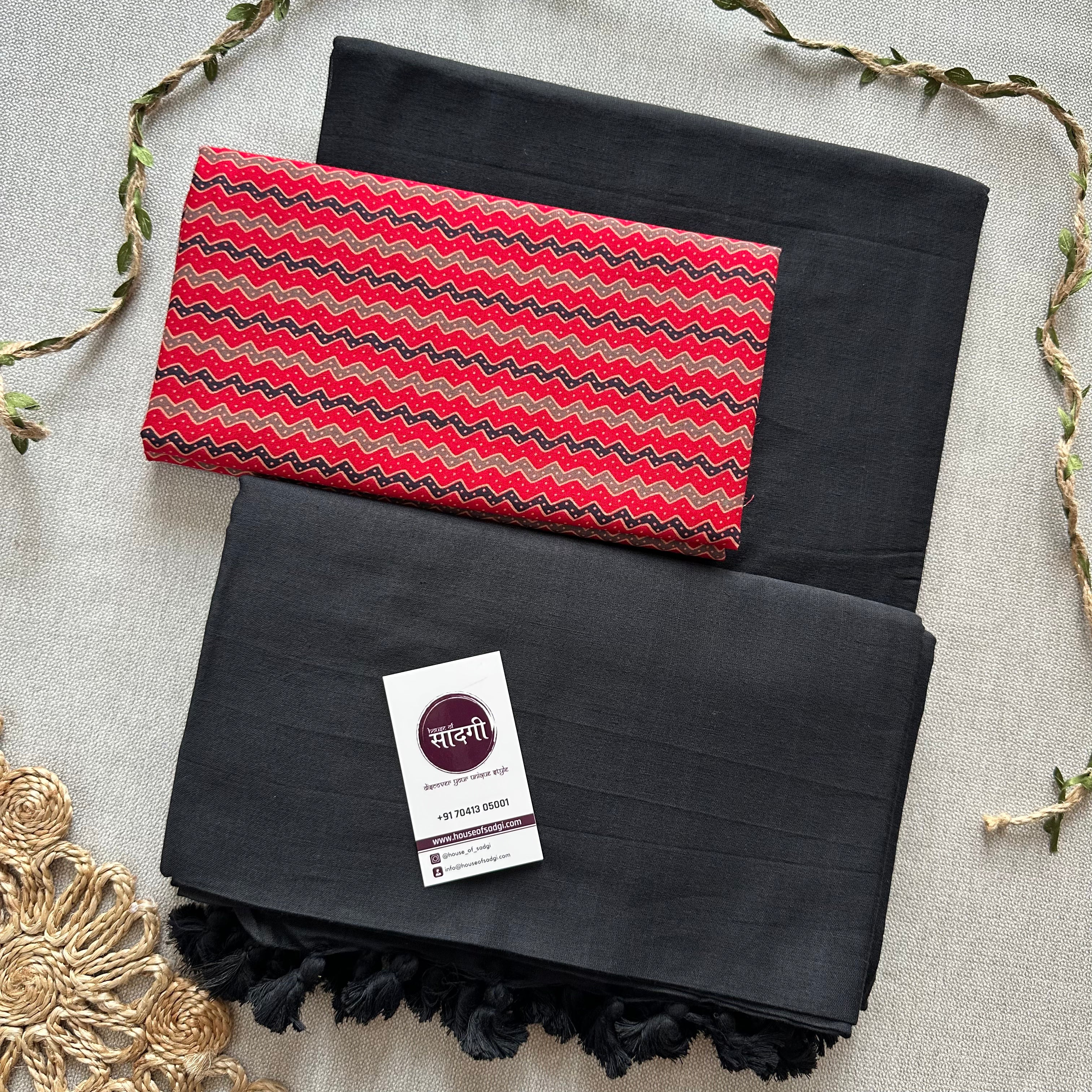 Black Handloom Khadi Cotton Saree With Red Zig Zag Print Blouse