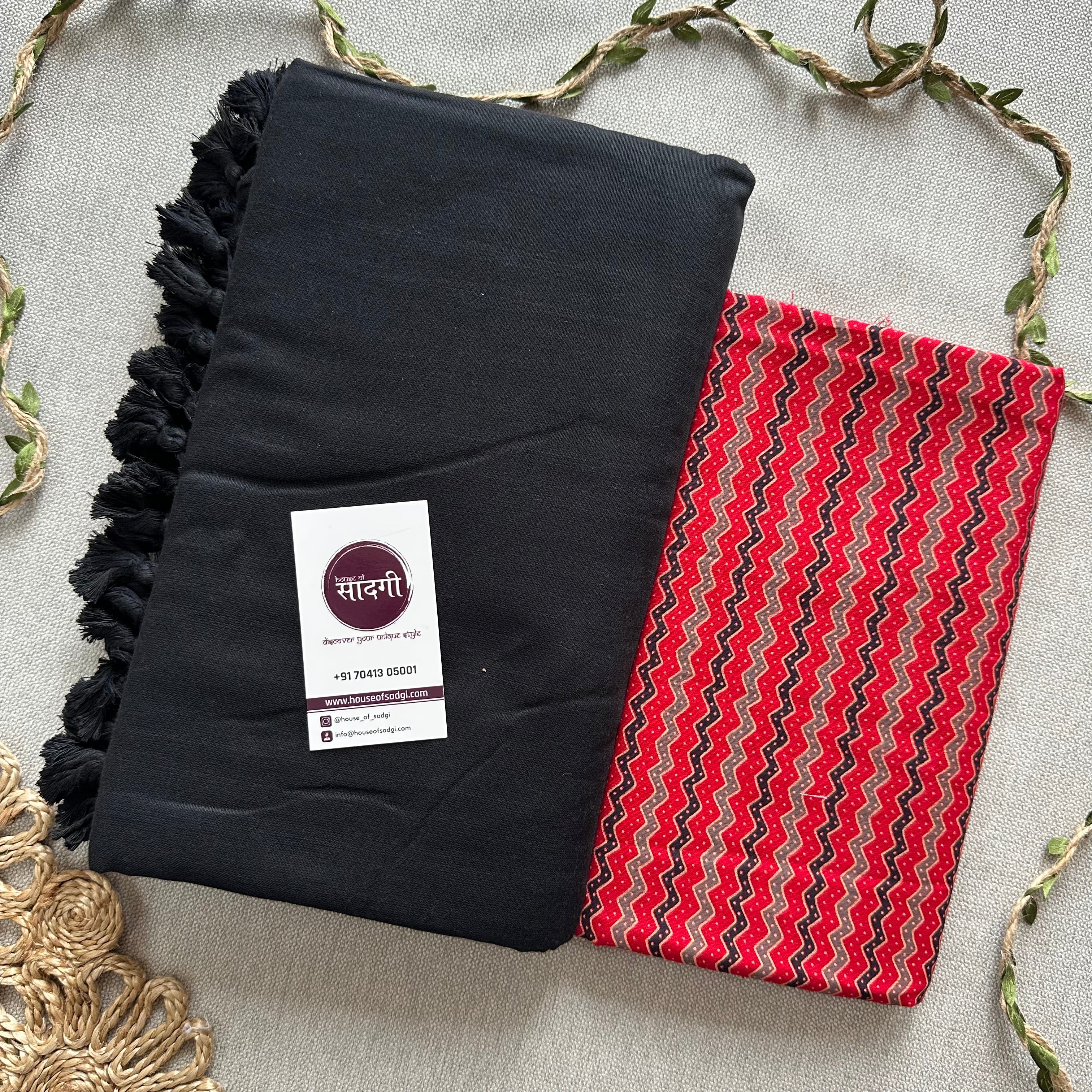 Black Handloom Khadi Cotton Saree With Red Zig Zag Print Blouse