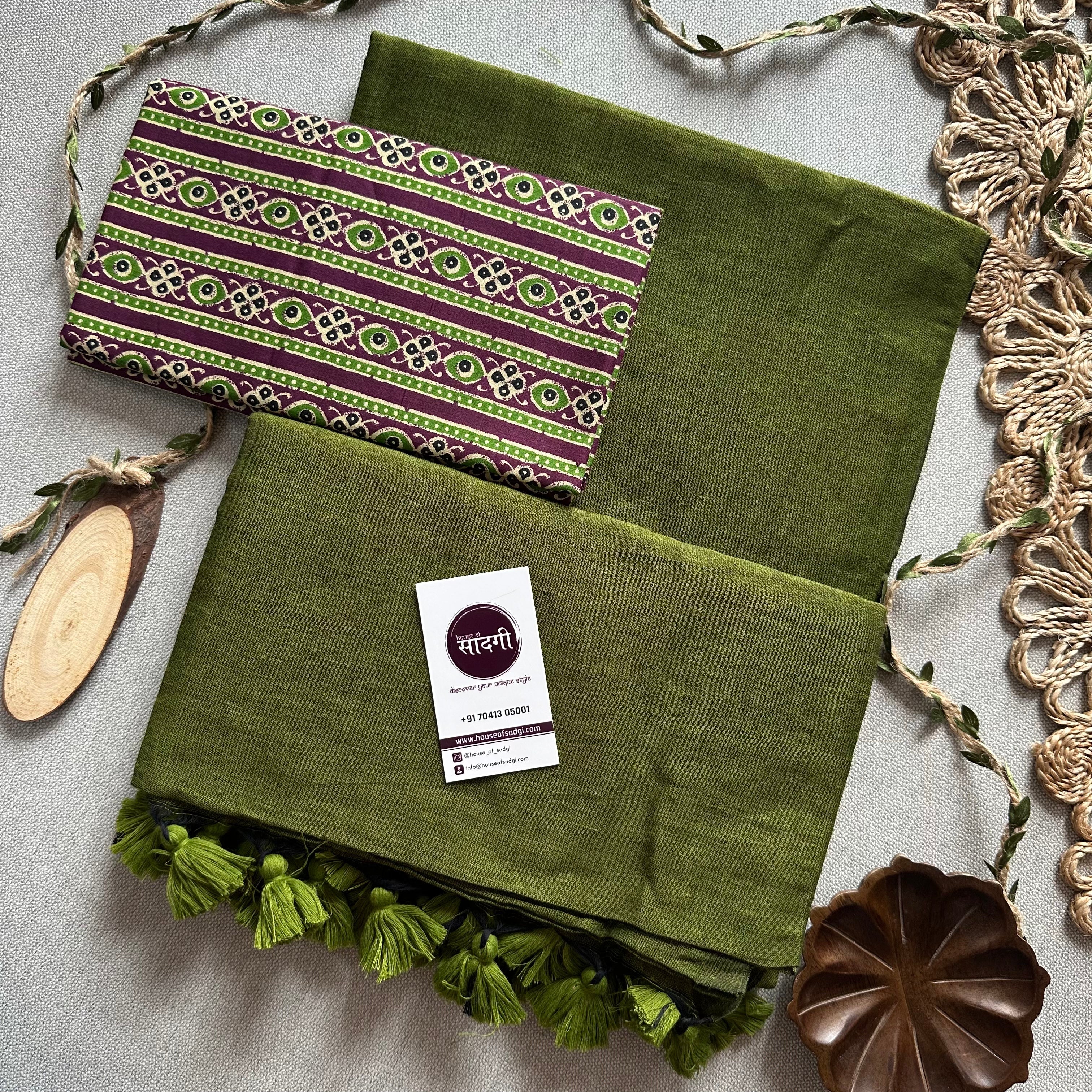 Mehndi Green Handloom Khadi Cotton Saree With Wine Print Blouse