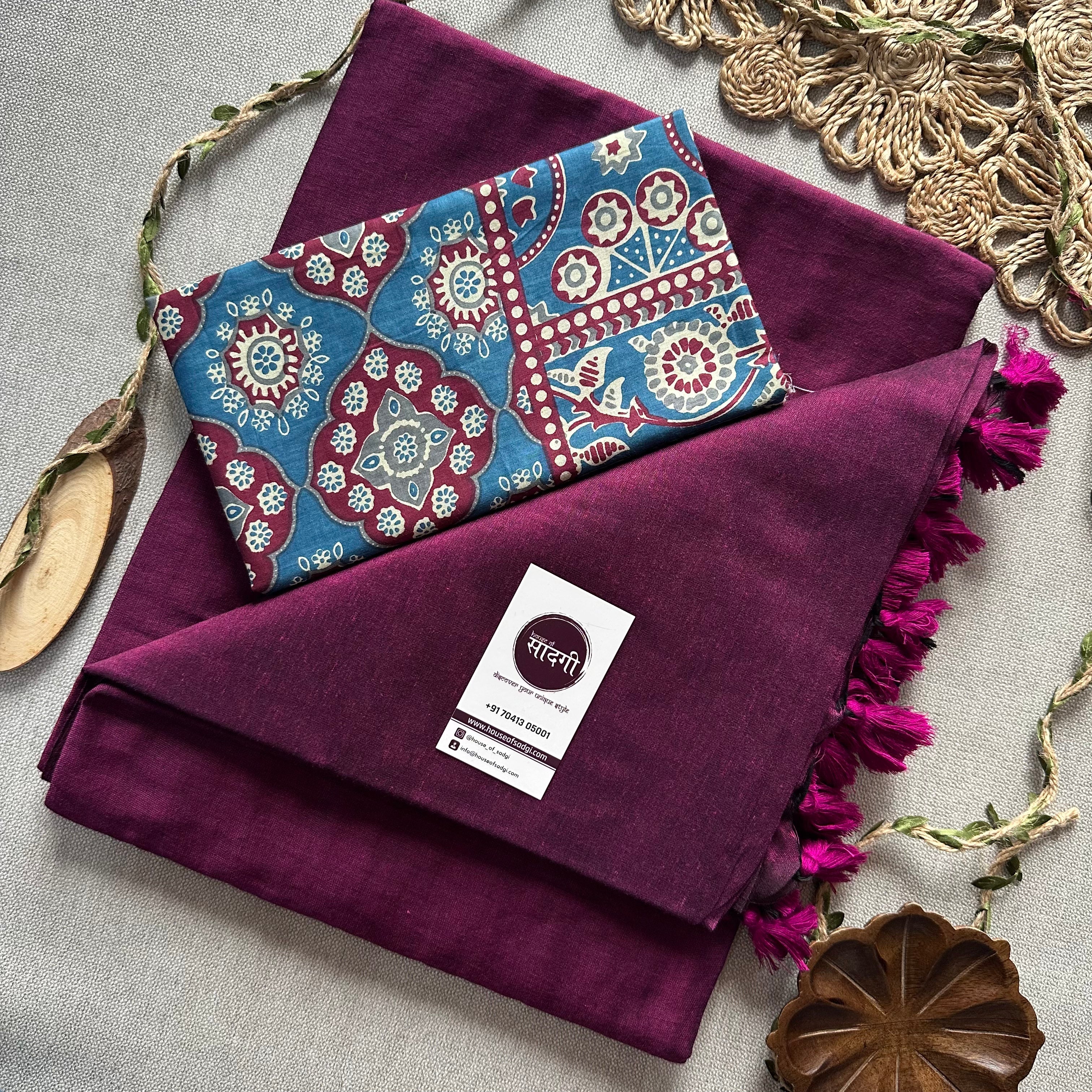 Dark Wine Handloom Khadi Cotton Saree With Blue Print Blouse