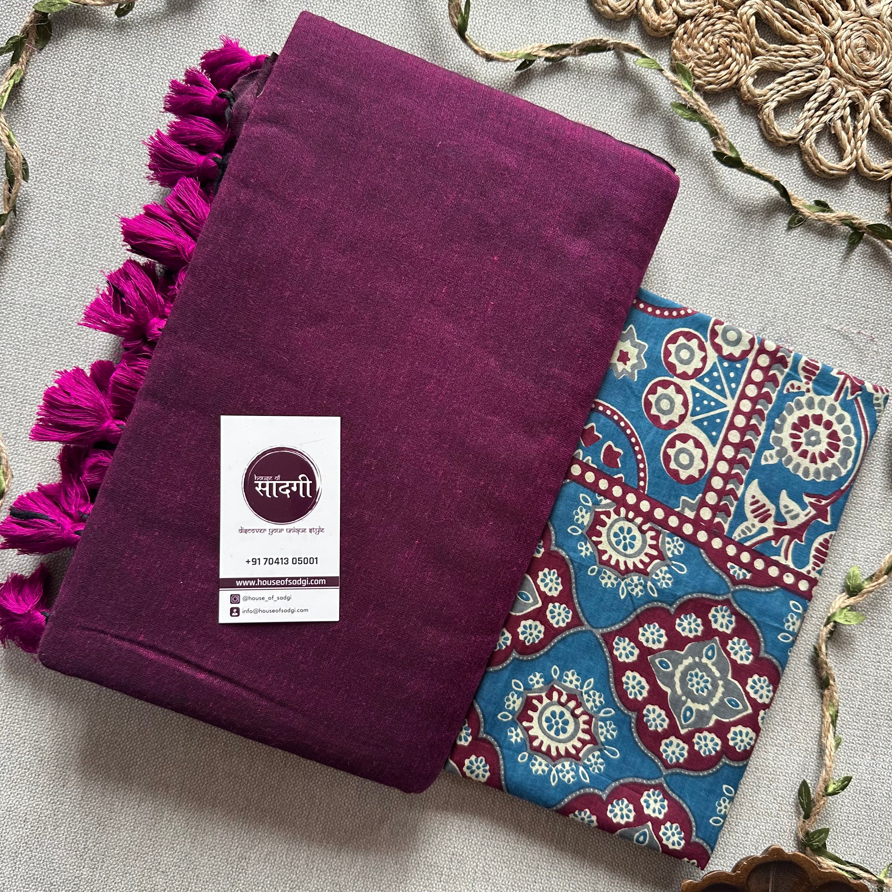 Dark Wine Handloom Khadi Cotton Saree With Blue Print Blouse