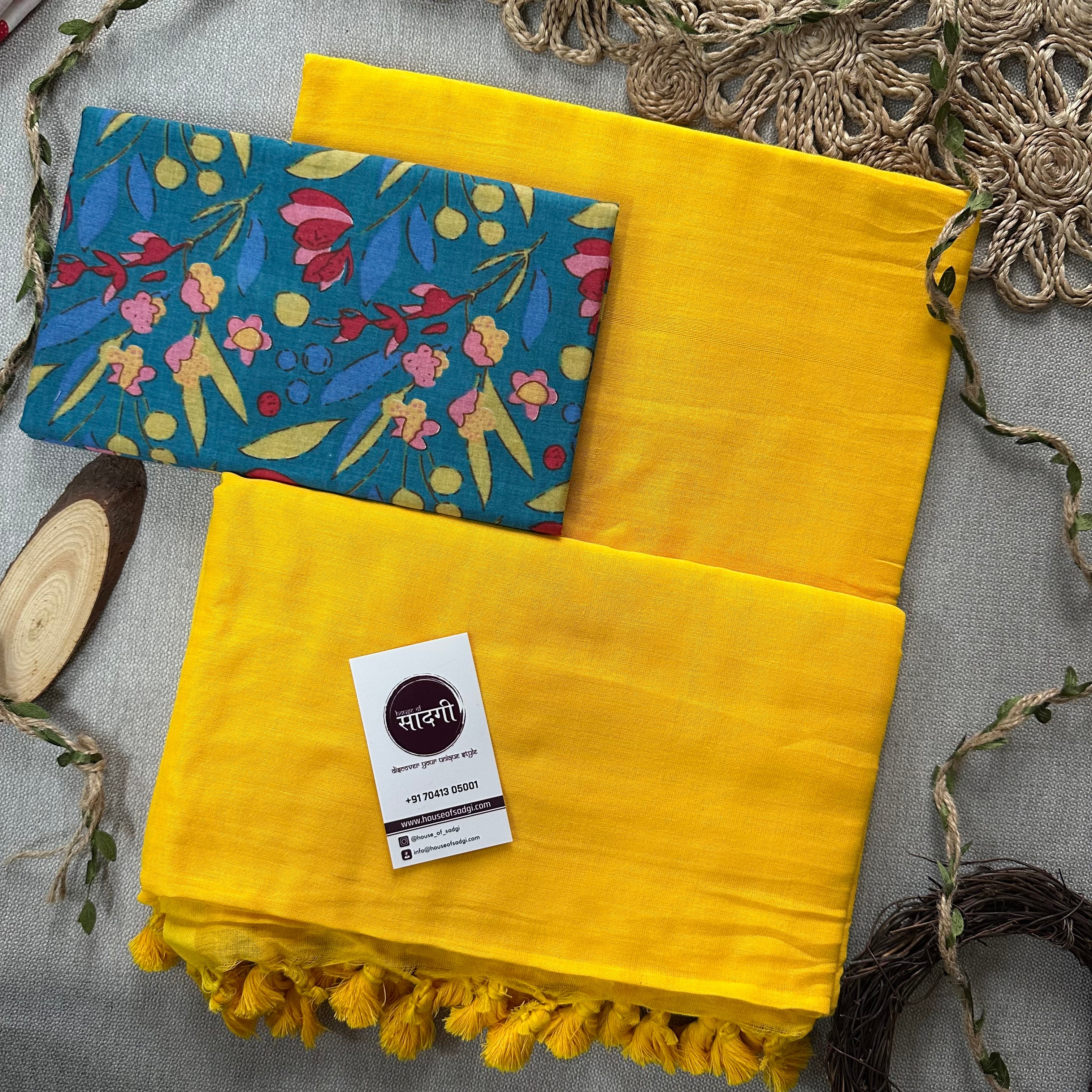 Yellow Handloom Khadi Cotton Saree With Rama Print Blouse