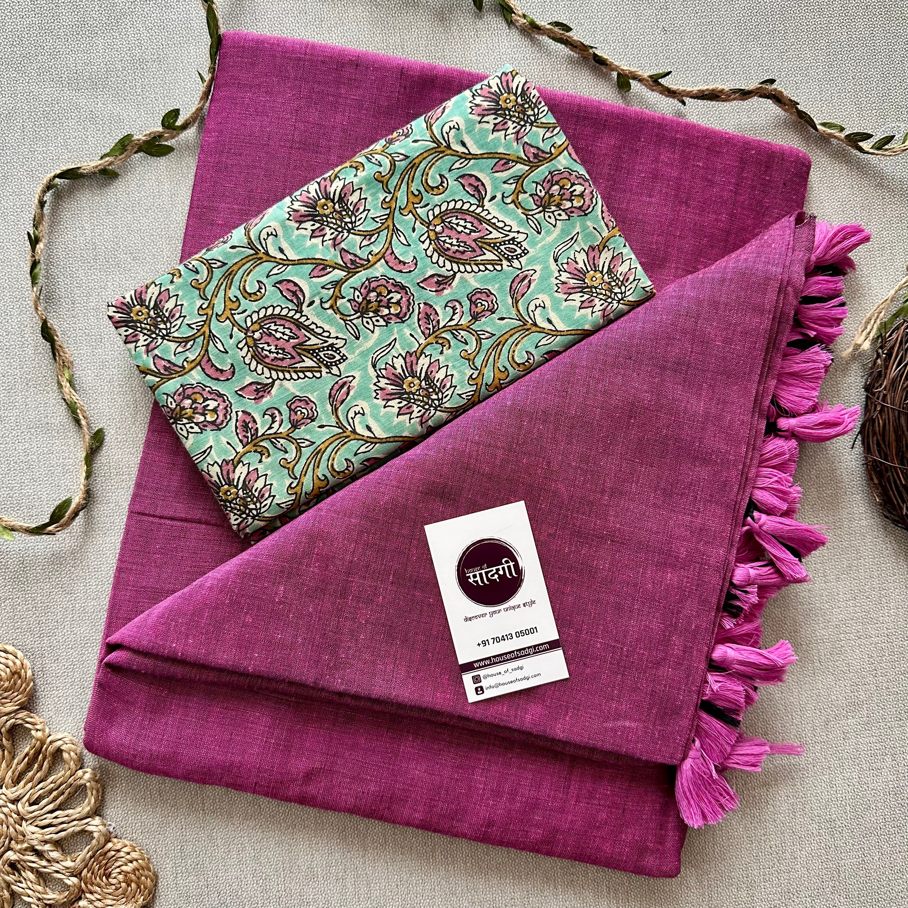 Lavender Handloom Khadi Cotton Saree With Flower Print Blouse